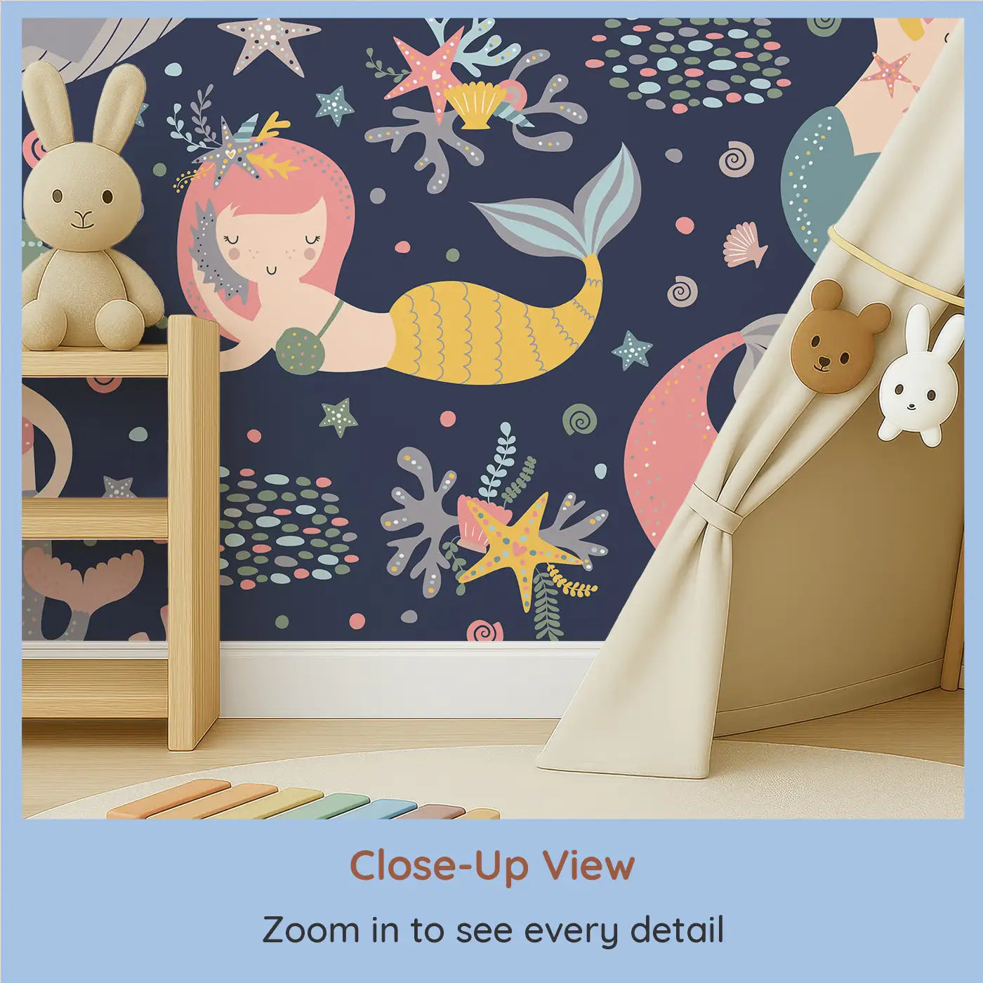 Close-up view of Whimsy Tots' Midnight Mermaid Magic Wall Mural (M0366).A moonlit ocean of mermaids, coral and gentle creatures waiting to enchant.