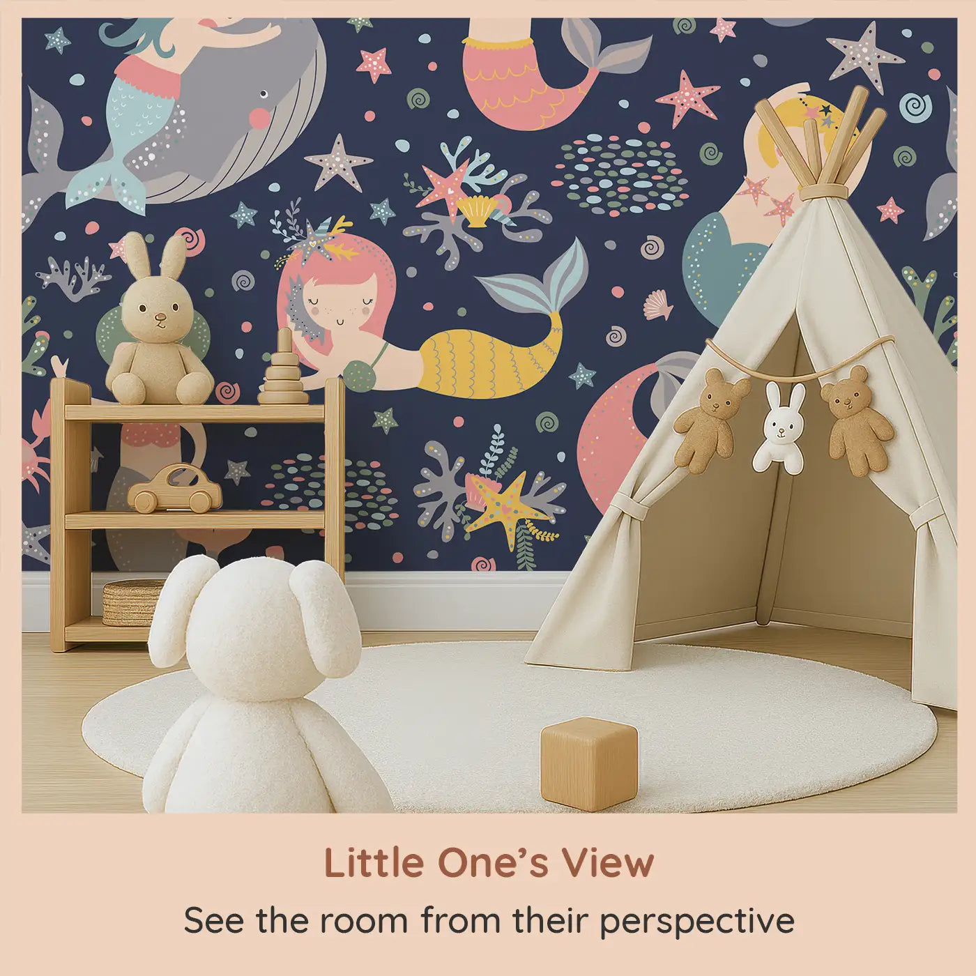 Whimsy Tots Midnight Mermaid Magic Wall Mural (M0366) from your child's view.A moonlit ocean of mermaids, coral and gentle creatures waiting to enchant.