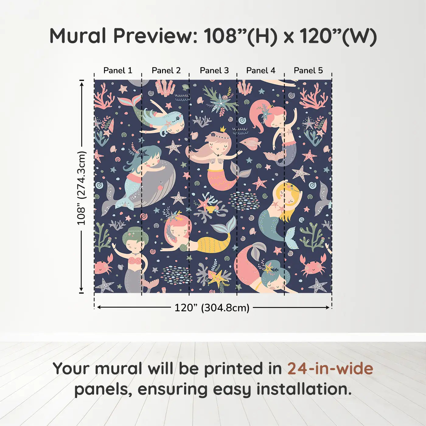 Whimsy Tots Midnight Mermaid Magic Wall Muraldimension view (108" H x 120" W). Printed in five 24-inch-wide panels. A moonlit ocean of mermaids, coral and gentle creatures waiting to enchant.