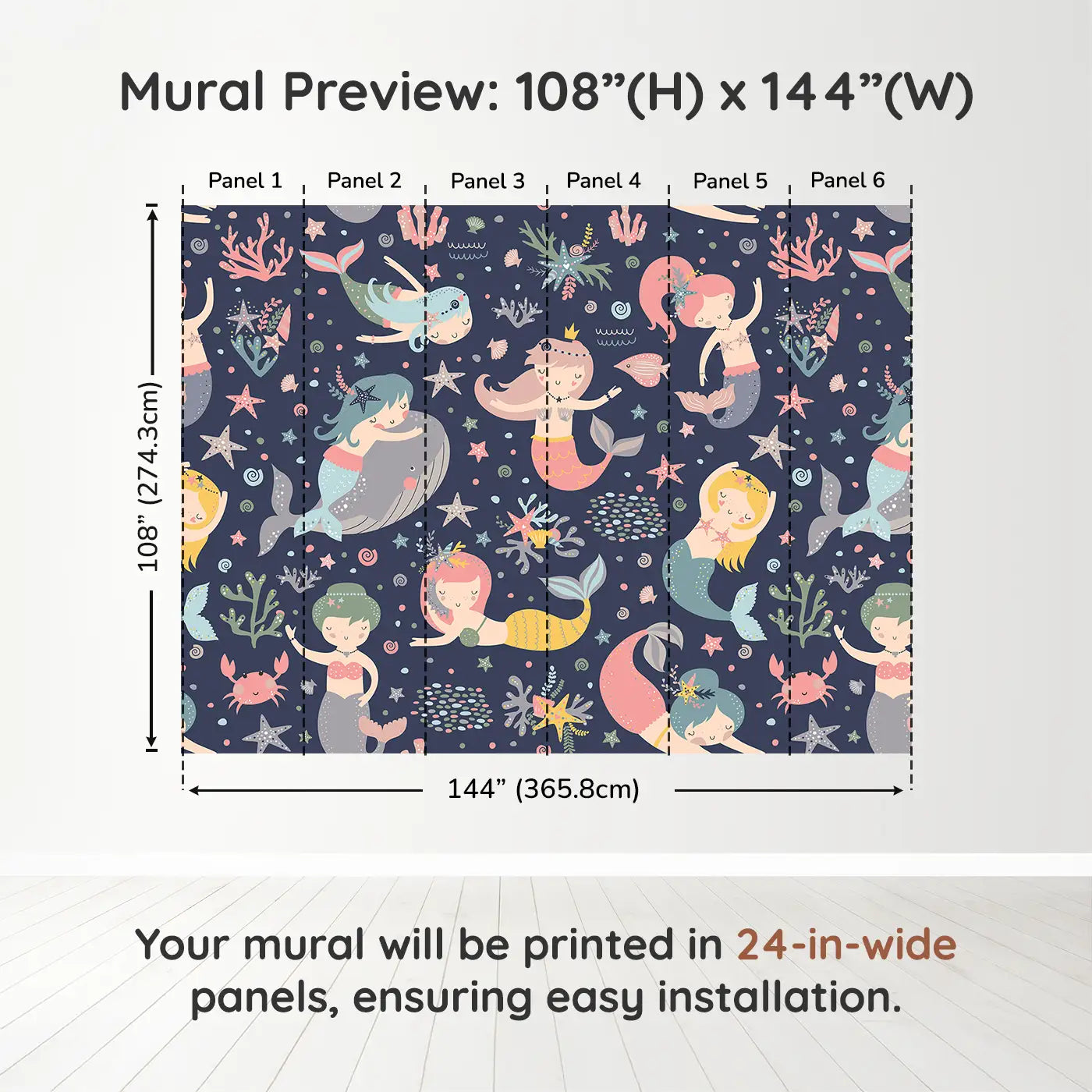 Whimsy Tots Midnight Mermaid Magic Wall Muraldimension view (108" H x 144" W). Printed in six 24-inch-wide panels. A moonlit ocean of mermaids, coral and gentle creatures waiting to enchant.