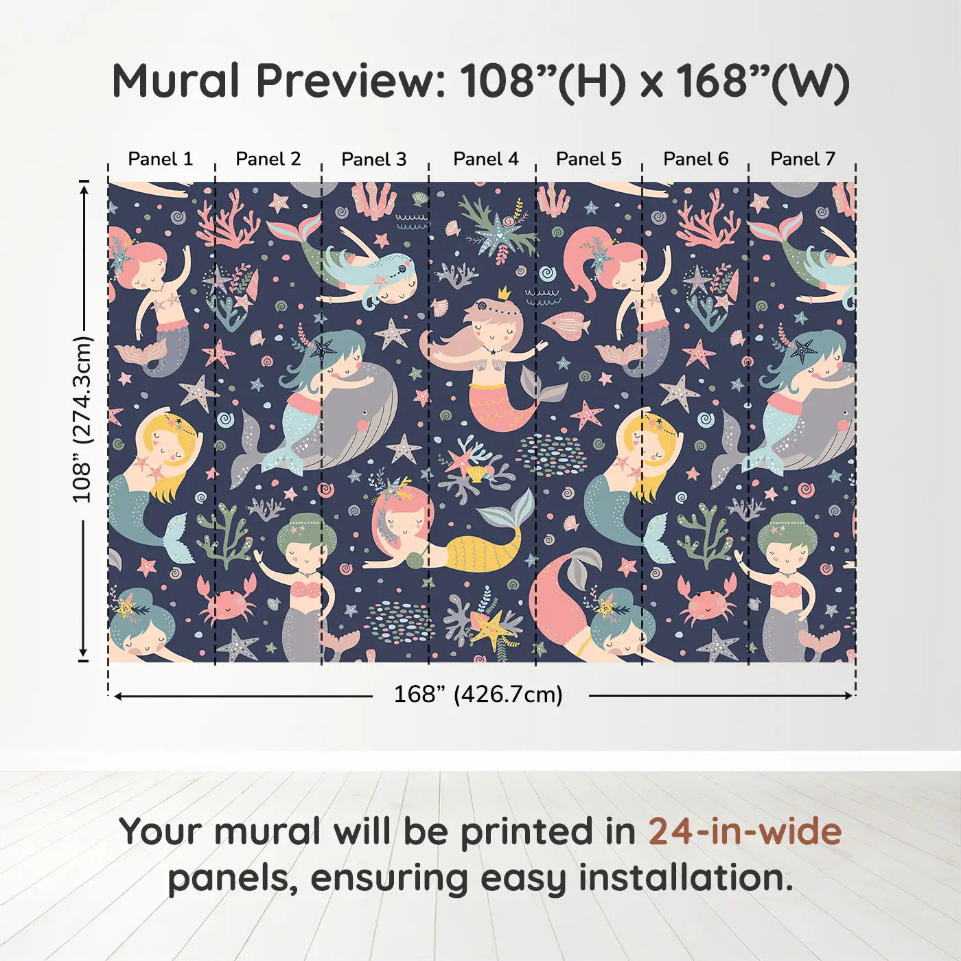 Whimsy Tots Midnight Mermaid Magic Wall Muraldimension view (108" H x 168" W). Printed in seven 24-inch-wide panels. A moonlit ocean of mermaids, coral and gentle creatures waiting to enchant.