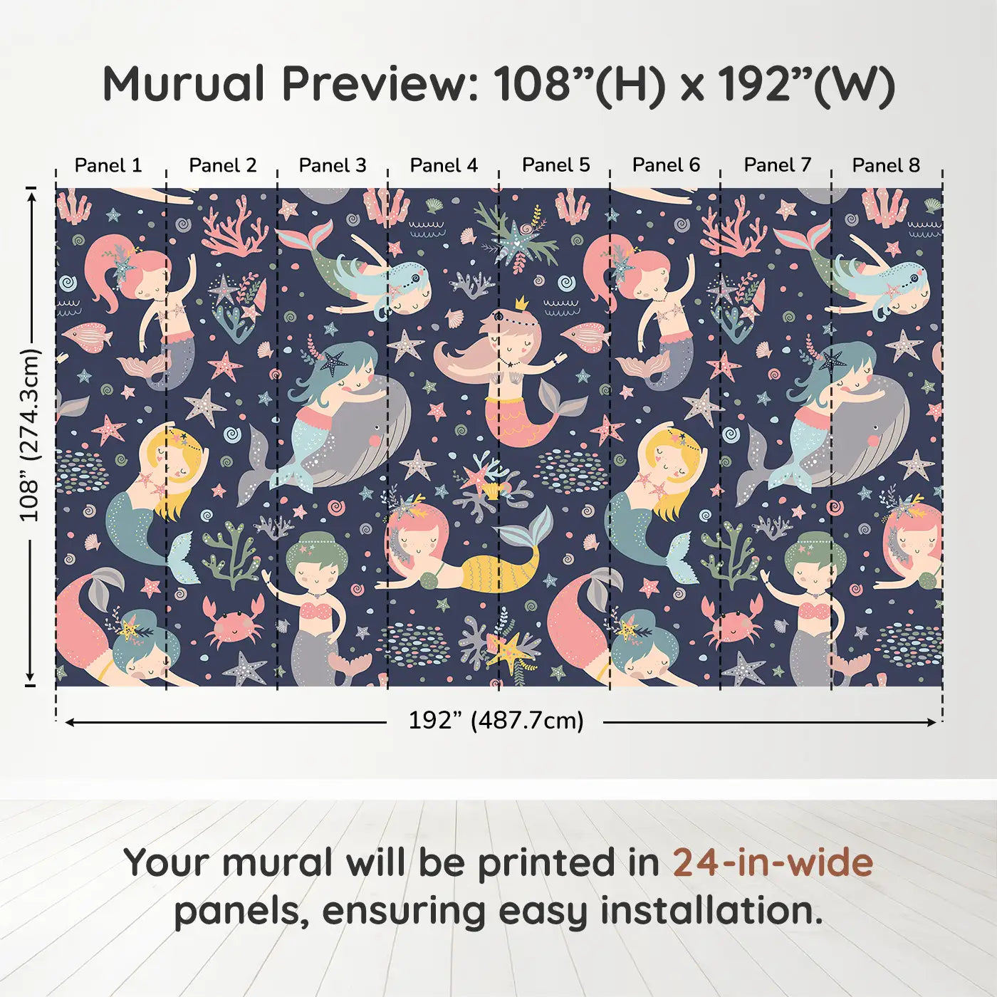 Whimsy Tots Midnight Mermaid Magic Wall Muraldimension view (108" H x 192" W). Printed in eight 24-inch-wide panels. A moonlit ocean of mermaids, coral and gentle creatures waiting to enchant.