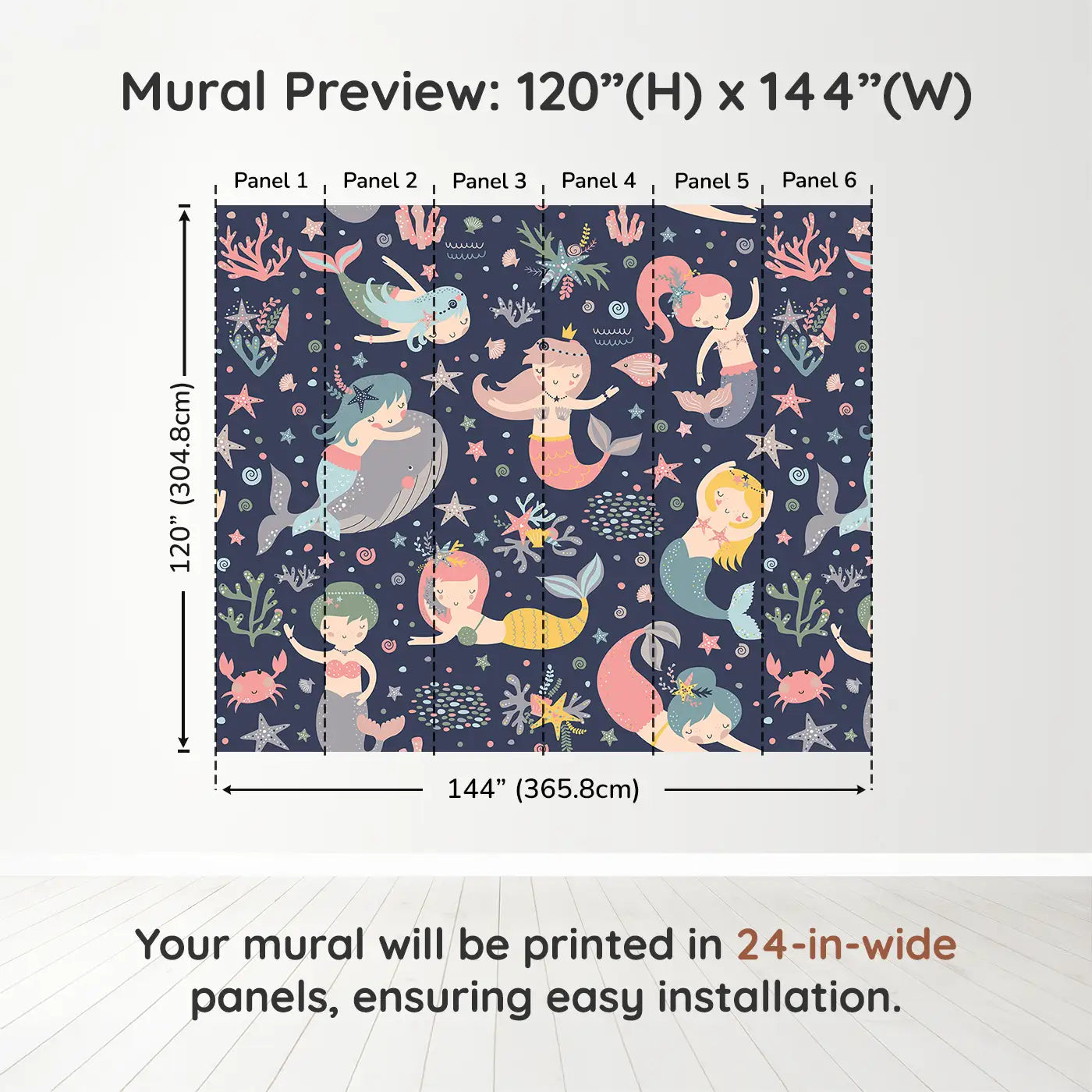 Whimsy Tots Midnight Mermaid Magic Wall Muraldimension view (120" H x 144" W). Printed in six 24-inch-wide panels. A moonlit ocean of mermaids, coral and gentle creatures waiting to enchant.