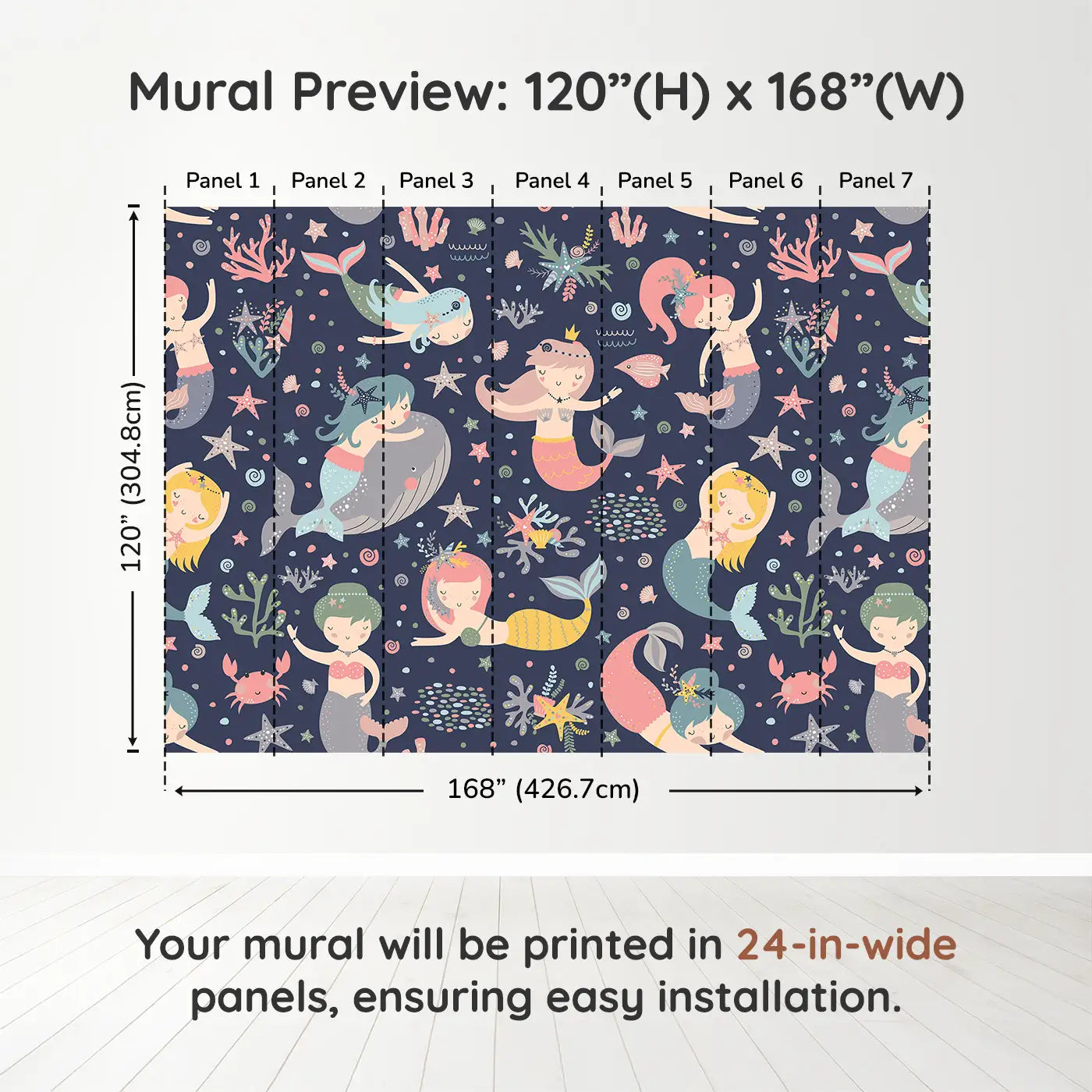 Whimsy Tots Midnight Mermaid Magic Wall Muraldimension view (120" H x 168" W). Printed in seven 24-inch-wide panels. A moonlit ocean of mermaids, coral and gentle creatures waiting to enchant.