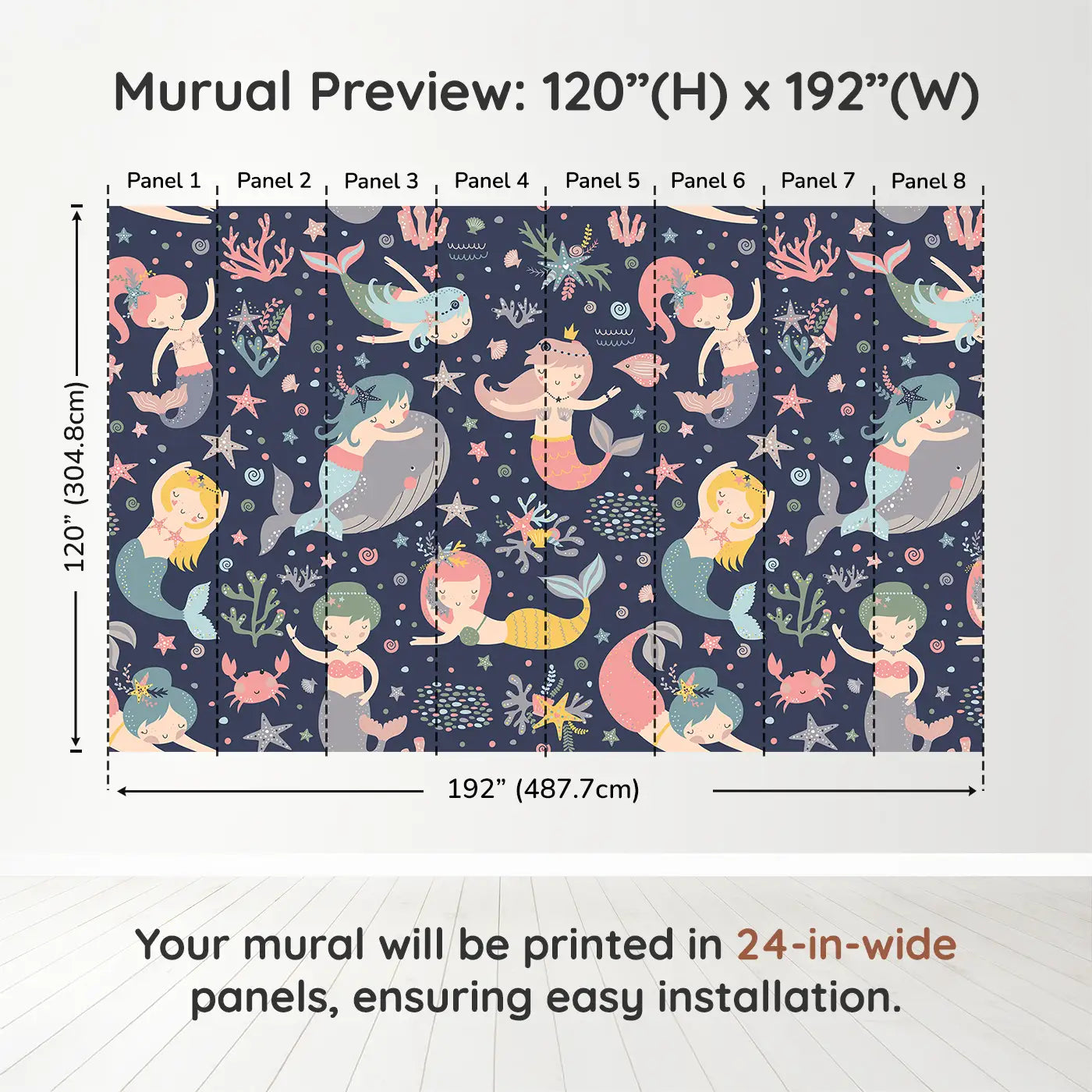 Whimsy Tots Midnight Mermaid Magic Wall Muraldimension view (120" H x 192" W). Printed in eight 24-inch-wide panels. A moonlit ocean of mermaids, coral and gentle creatures waiting to enchant.