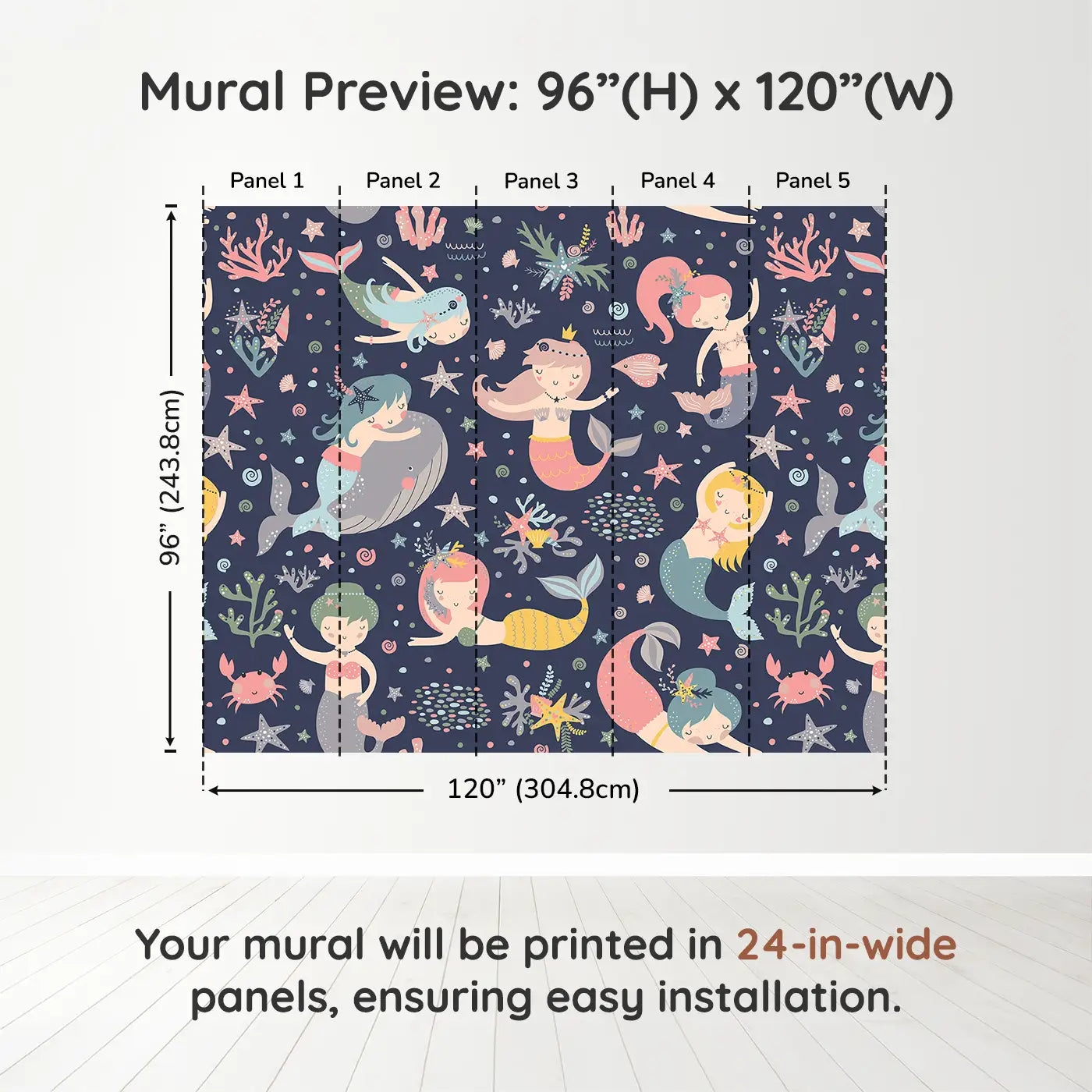 Whimsy Tots Midnight Mermaid Magic Wall Muraldimension view (96" H x 120" W). Printed in five 24-inch-wide panels. A moonlit ocean of mermaids, coral and gentle creatures waiting to enchant.