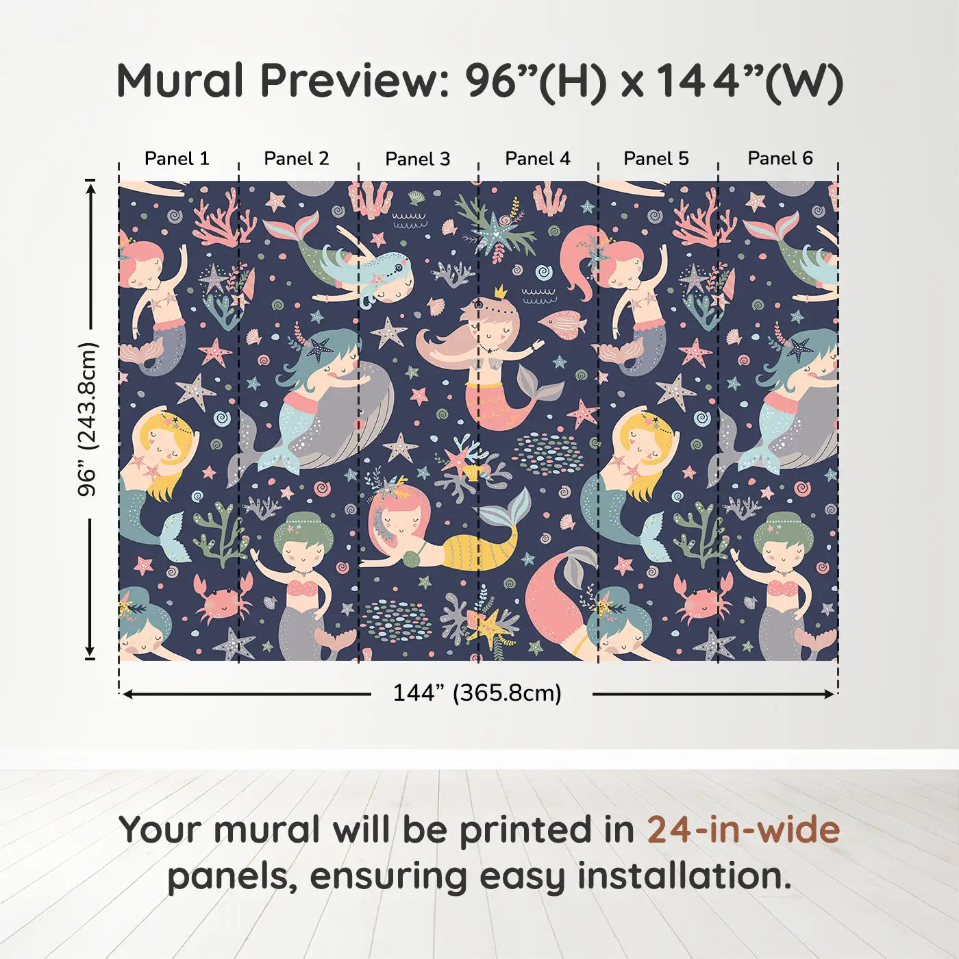 Whimsy Tots Midnight Mermaid Magic Wall Muraldimension view (96" H x 144" W). Printed in six 24-inch-wide panels. A moonlit ocean of mermaids, coral and gentle creatures waiting to enchant.