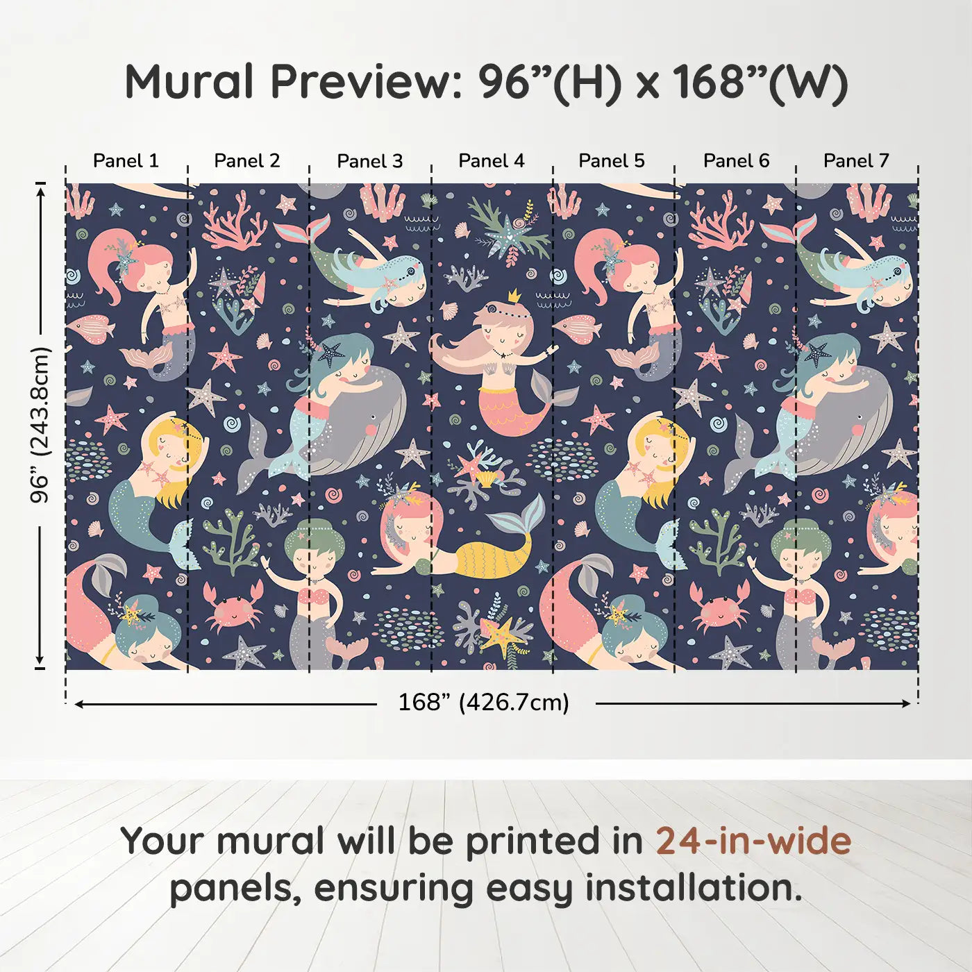 Whimsy Tots Midnight Mermaid Magic Wall Muraldimension view (96" H x 168" W). Printed in seven 24-inch-wide panels. A moonlit ocean of mermaids, coral and gentle creatures waiting to enchant.