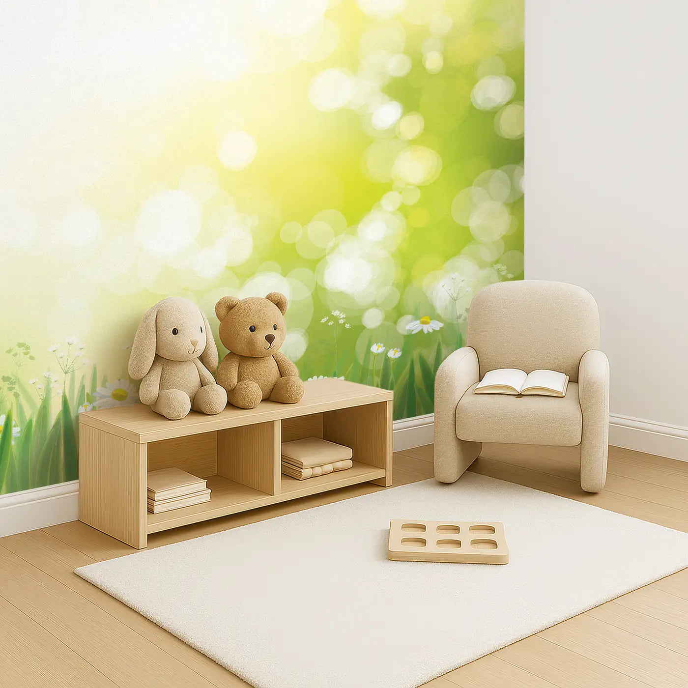 Angled view of Whimsy Tots' Golden Meadow Glory Wall Mural (M0383).Bright daisies bloom under golden skies in this cheerful meadow scene.