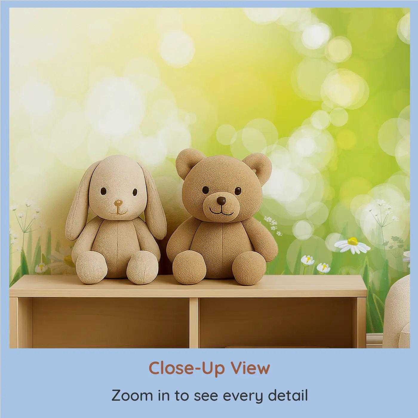 Close-up view of Whimsy Tots' Golden Meadow Glory Wall Mural (M0383).Bright daisies bloom under golden skies in this cheerful meadow scene.