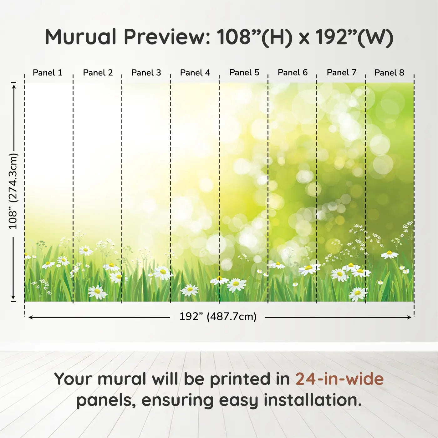 Whimsy Tots Golden Meadow Glory Wall Muraldimension view (108" H x 192" W). Printed in eight 24-inch-wide panels. Bright daisies bloom under golden skies in this cheerful meadow scene.
