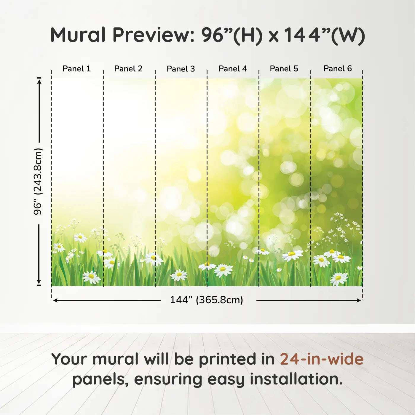 Whimsy Tots Golden Meadow Glory Wall Muraldimension view (96" H x 144" W). Printed in six 24-inch-wide panels. Bright daisies bloom under golden skies in this cheerful meadow scene.