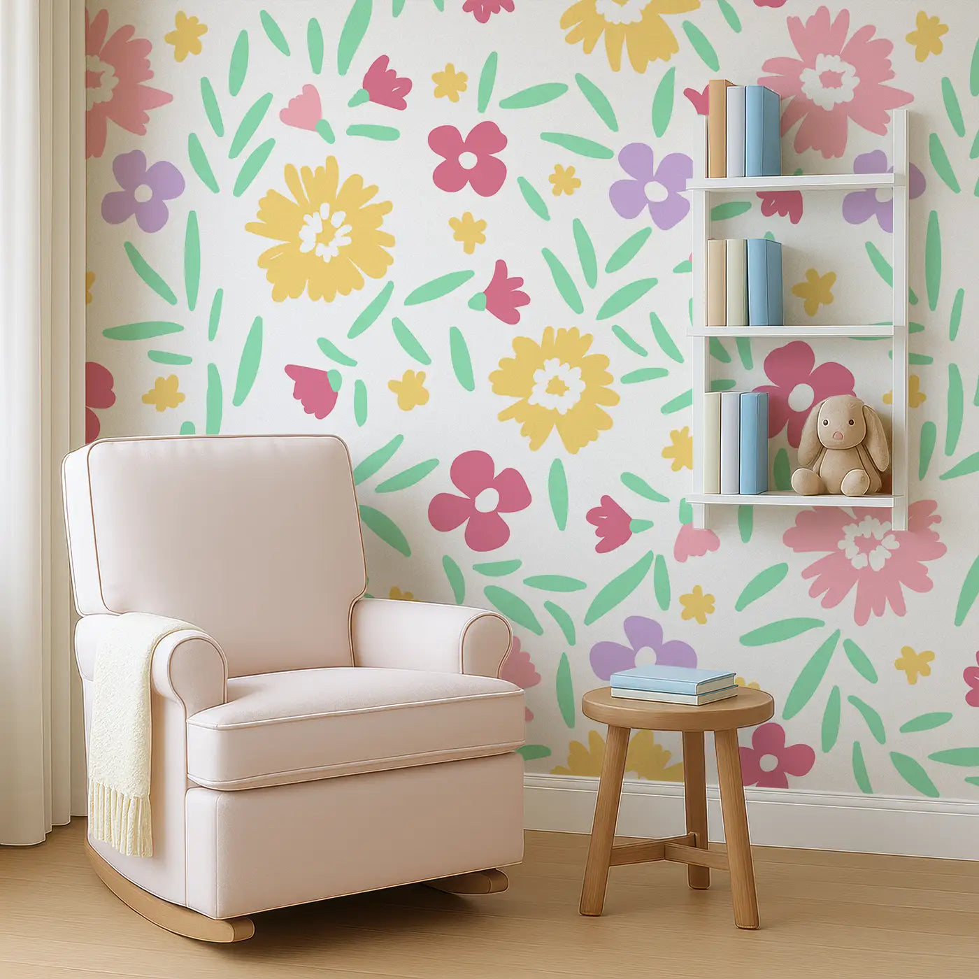 Angled view of Whimsy Tots' Cheerful Blossom Garden Wall Mural (M0385).A rainbow of blooms and bouncing petals brings instant joy.