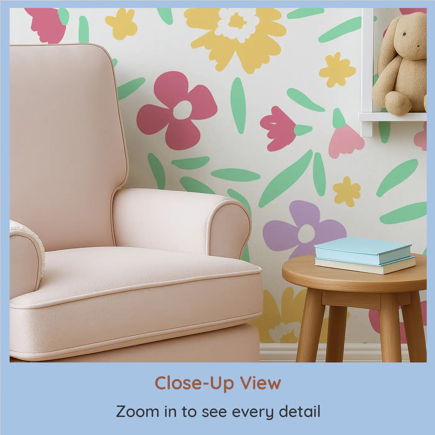 Close-up view of Whimsy Tots' Cheerful Blossom Garden Wall Mural (M0385).A rainbow of blooms and bouncing petals brings instant joy.