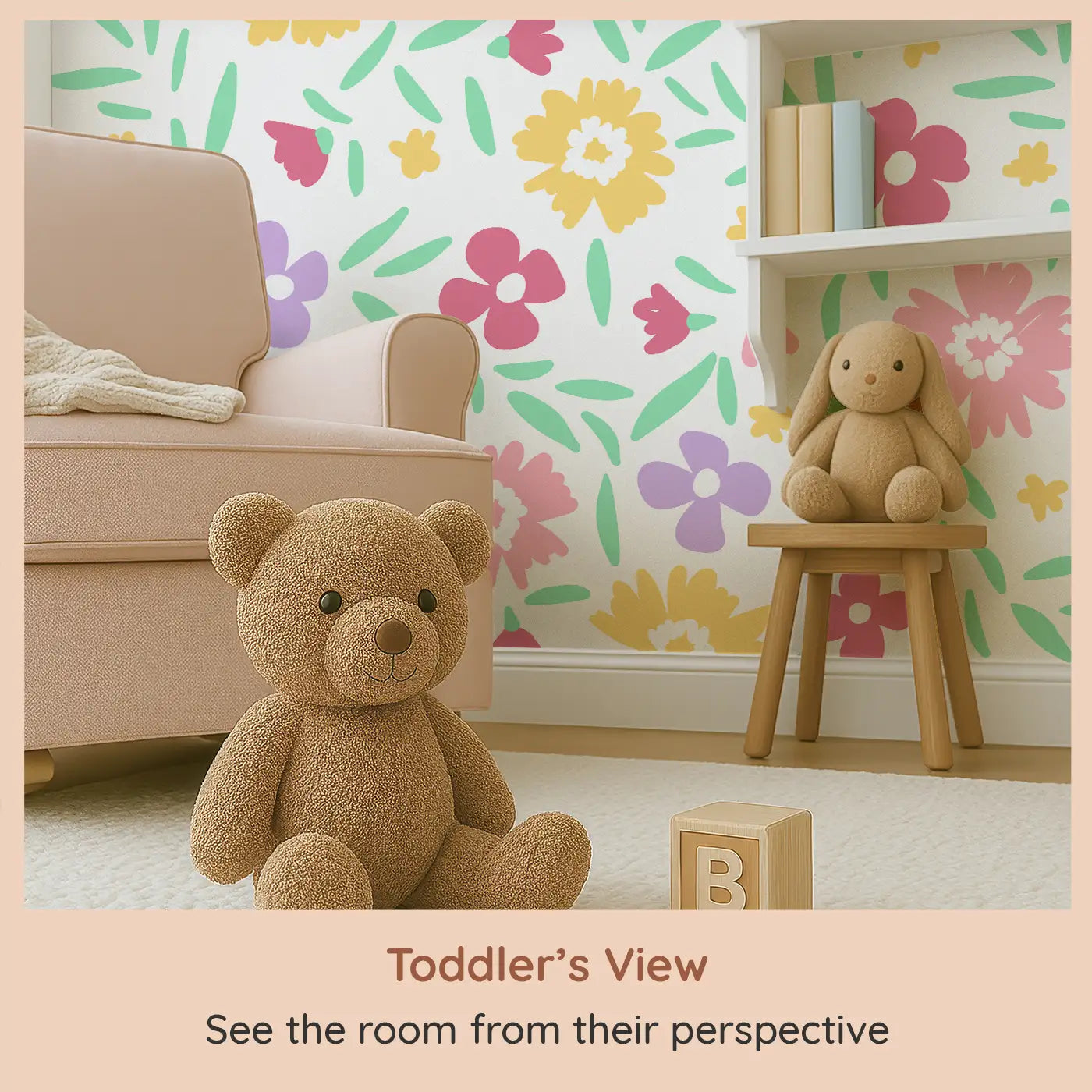 Whimsy Tots Cheerful Blossom Garden Wall Mural (M0385) from your child's view.A rainbow of blooms and bouncing petals brings instant joy.