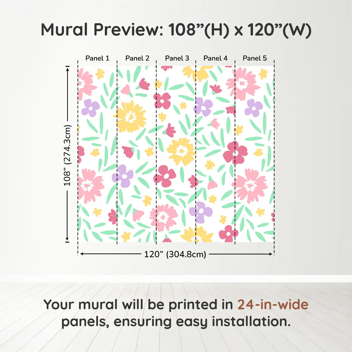 Whimsy Tots Cheerful Blossom Garden Wall Muraldimension view (108" H x 120" W). Printed in five 24-inch-wide panels. A rainbow of blooms and bouncing petals brings instant joy.