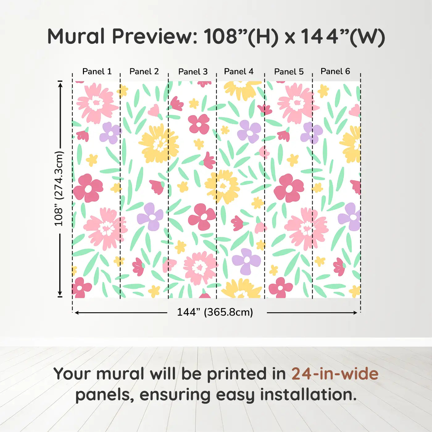 Whimsy Tots Cheerful Blossom Garden Wall Muraldimension view (108" H x 144" W). Printed in six 24-inch-wide panels. A rainbow of blooms and bouncing petals brings instant joy.