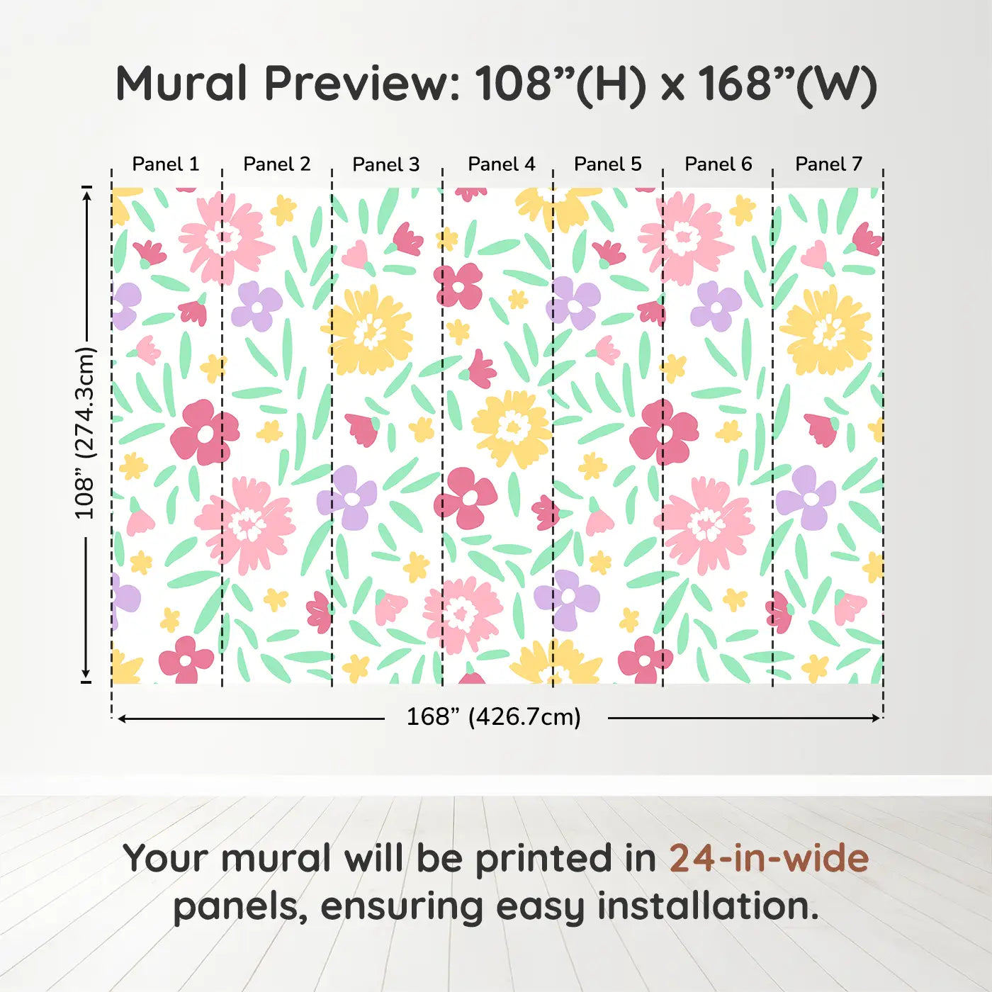 Whimsy Tots Cheerful Blossom Garden Wall Muraldimension view (108" H x 168" W). Printed in seven 24-inch-wide panels. A rainbow of blooms and bouncing petals brings instant joy.