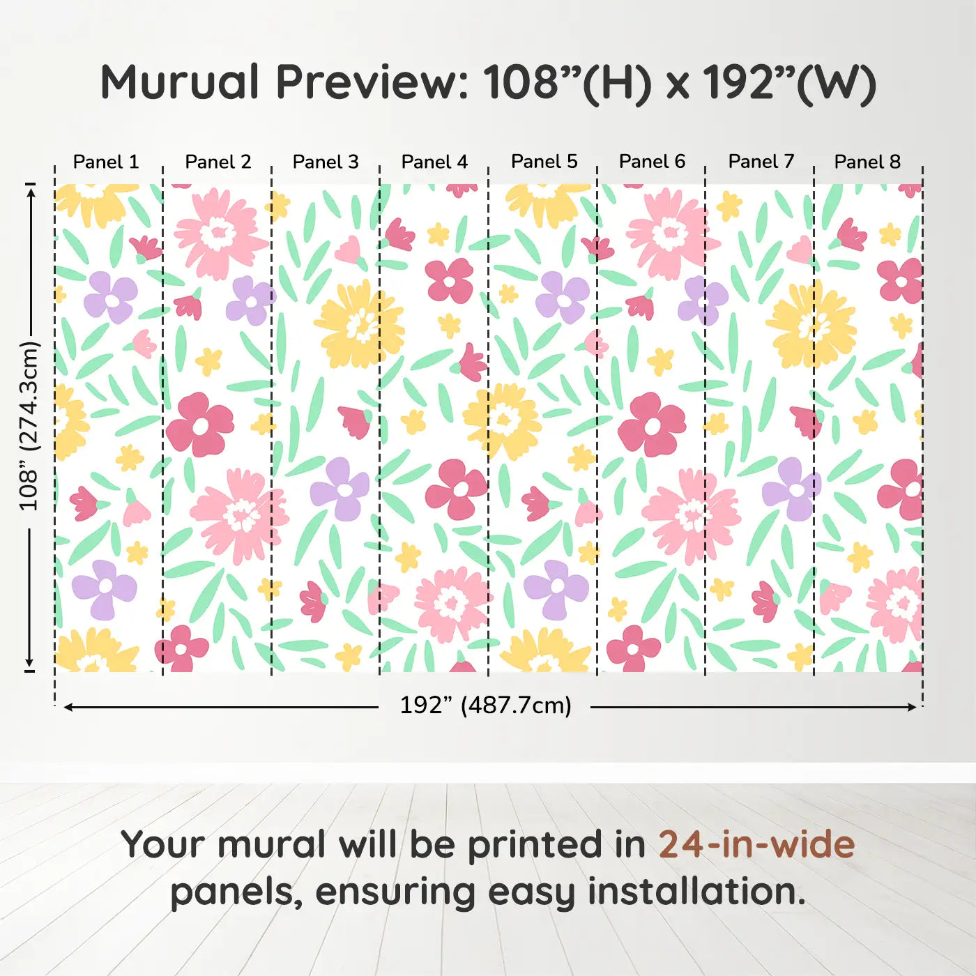 Whimsy Tots Cheerful Blossom Garden Wall Muraldimension view (108" H x 192" W). Printed in eight 24-inch-wide panels. A rainbow of blooms and bouncing petals brings instant joy.