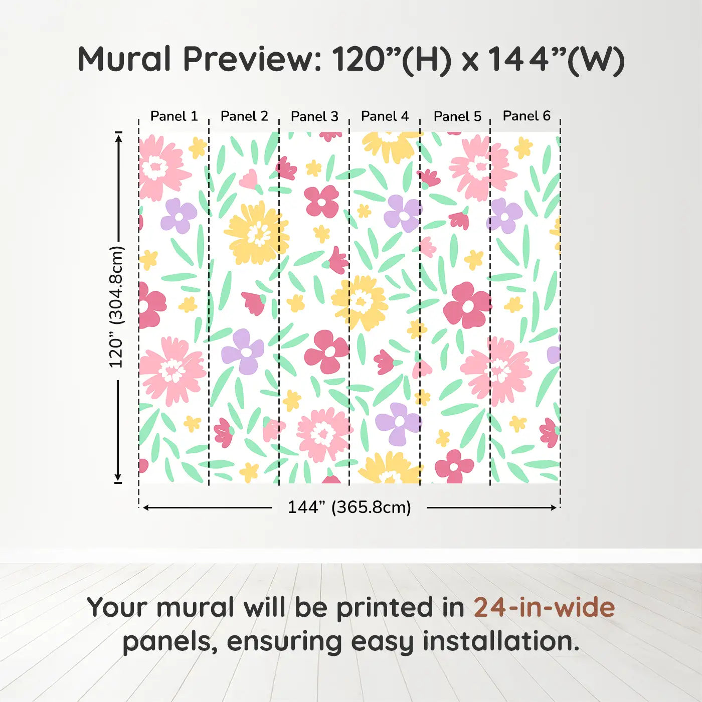 Whimsy Tots Cheerful Blossom Garden Wall Muraldimension view (120" H x 144" W). Printed in six 24-inch-wide panels. A rainbow of blooms and bouncing petals brings instant joy.