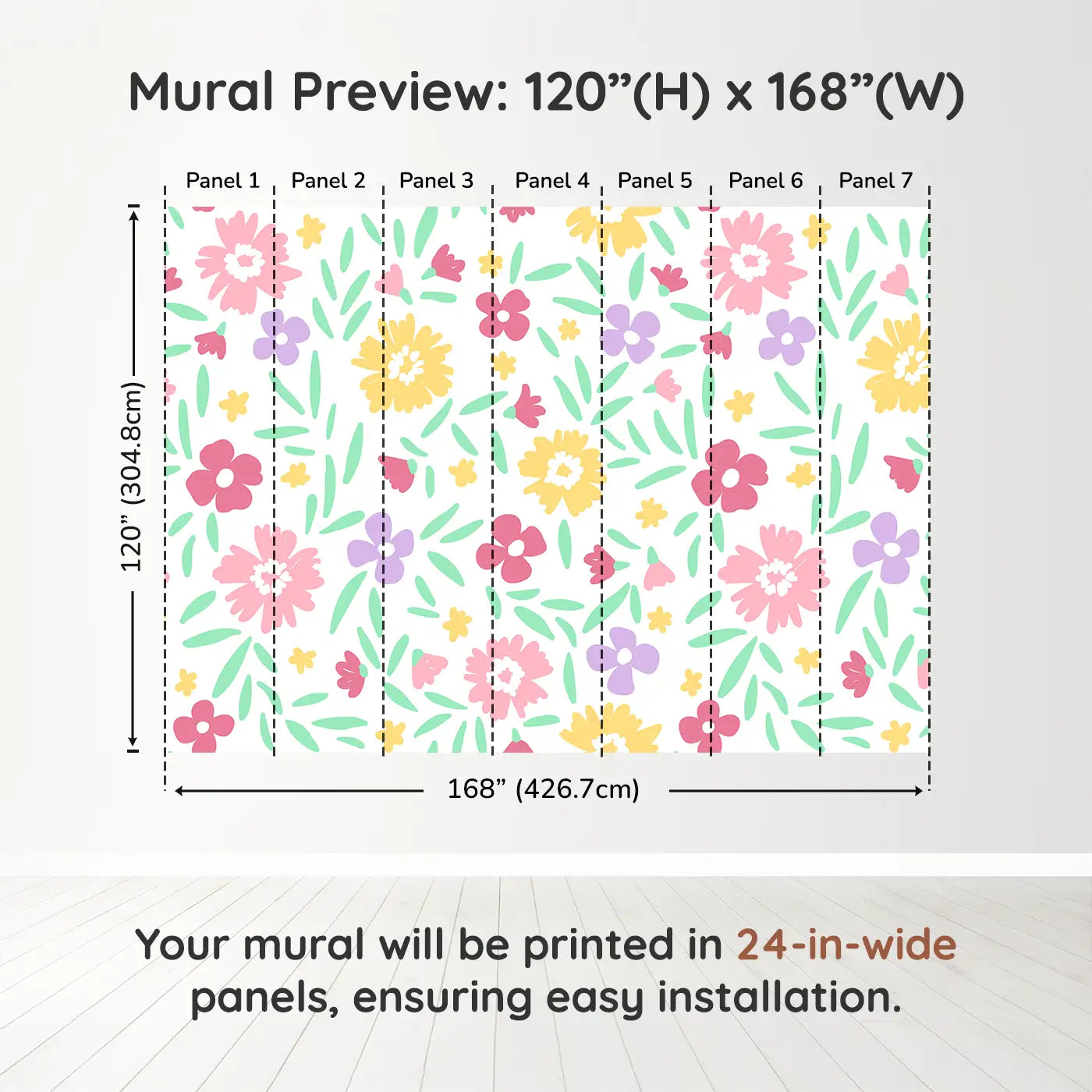 Whimsy Tots Cheerful Blossom Garden Wall Muraldimension view (120" H x 168" W). Printed in seven 24-inch-wide panels. A rainbow of blooms and bouncing petals brings instant joy.