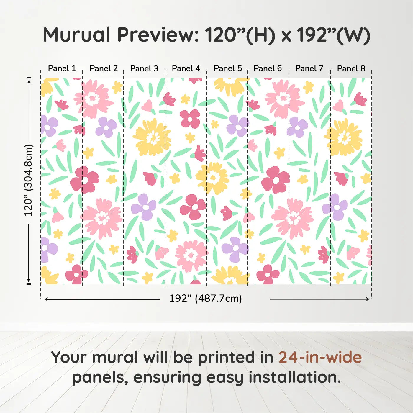 Whimsy Tots Cheerful Blossom Garden Wall Muraldimension view (120" H x 192" W). Printed in eight 24-inch-wide panels. A rainbow of blooms and bouncing petals brings instant joy.
