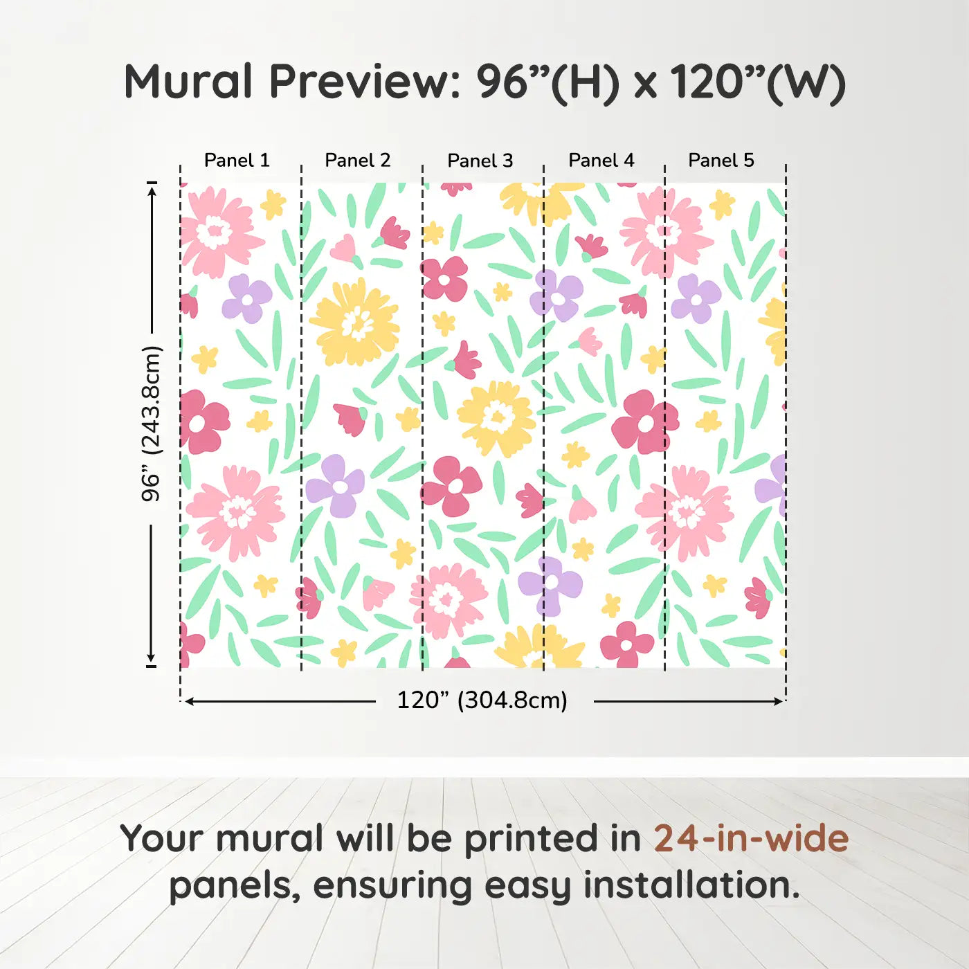 Whimsy Tots Cheerful Blossom Garden Wall Muraldimension view (96" H x 120" W). Printed in five 24-inch-wide panels. A rainbow of blooms and bouncing petals brings instant joy.