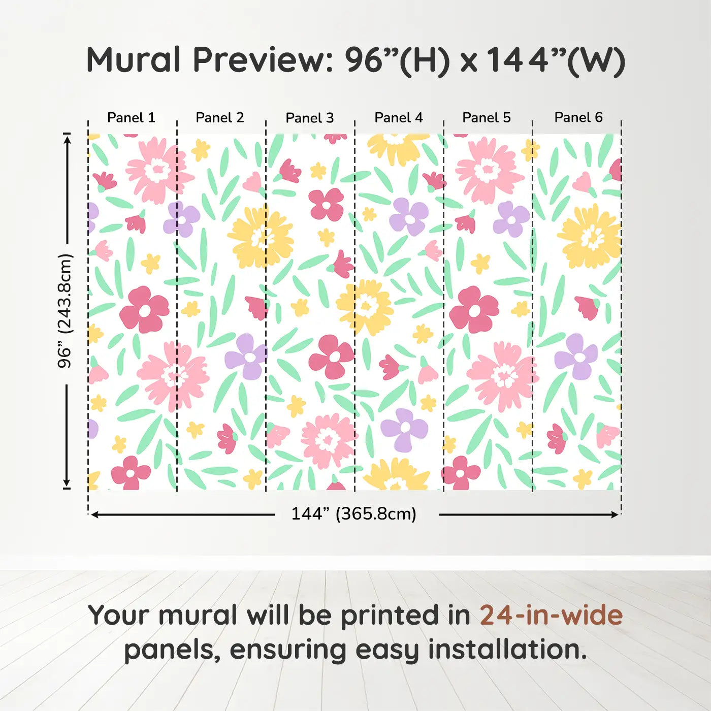 Whimsy Tots Cheerful Blossom Garden Wall Muraldimension view (96" H x 144" W). Printed in six 24-inch-wide panels. A rainbow of blooms and bouncing petals brings instant joy.