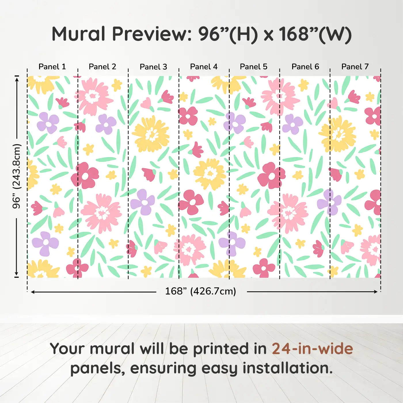 Whimsy Tots Cheerful Blossom Garden Wall Muraldimension view (96" H x 168" W). Printed in seven 24-inch-wide panels. A rainbow of blooms and bouncing petals brings instant joy.