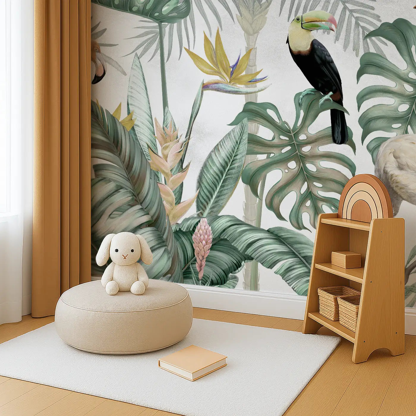 Angled view of Whimsy Tots' Exotic Rainforest Birds Wall Mural (M0393).Tropical birds and giant leaves create a magical wildlife retreat.