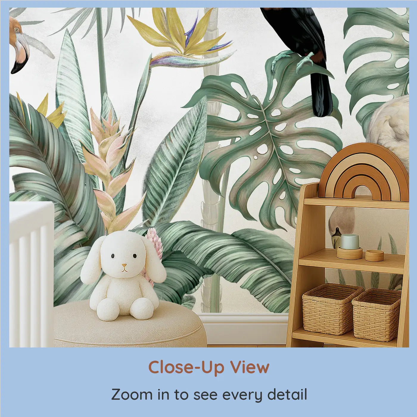 Close-up view of Whimsy Tots' Exotic Rainforest Birds Wall Mural (M0393).Tropical birds and giant leaves create a magical wildlife retreat.