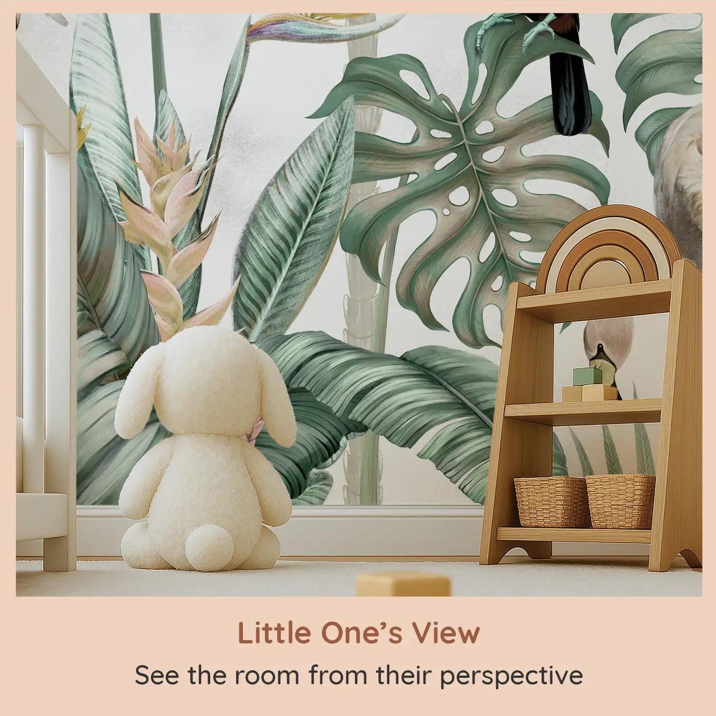 Whimsy Tots Exotic Rainforest Birds Wall Mural (M0393) from your child's view.Tropical birds and giant leaves create a magical wildlife retreat.