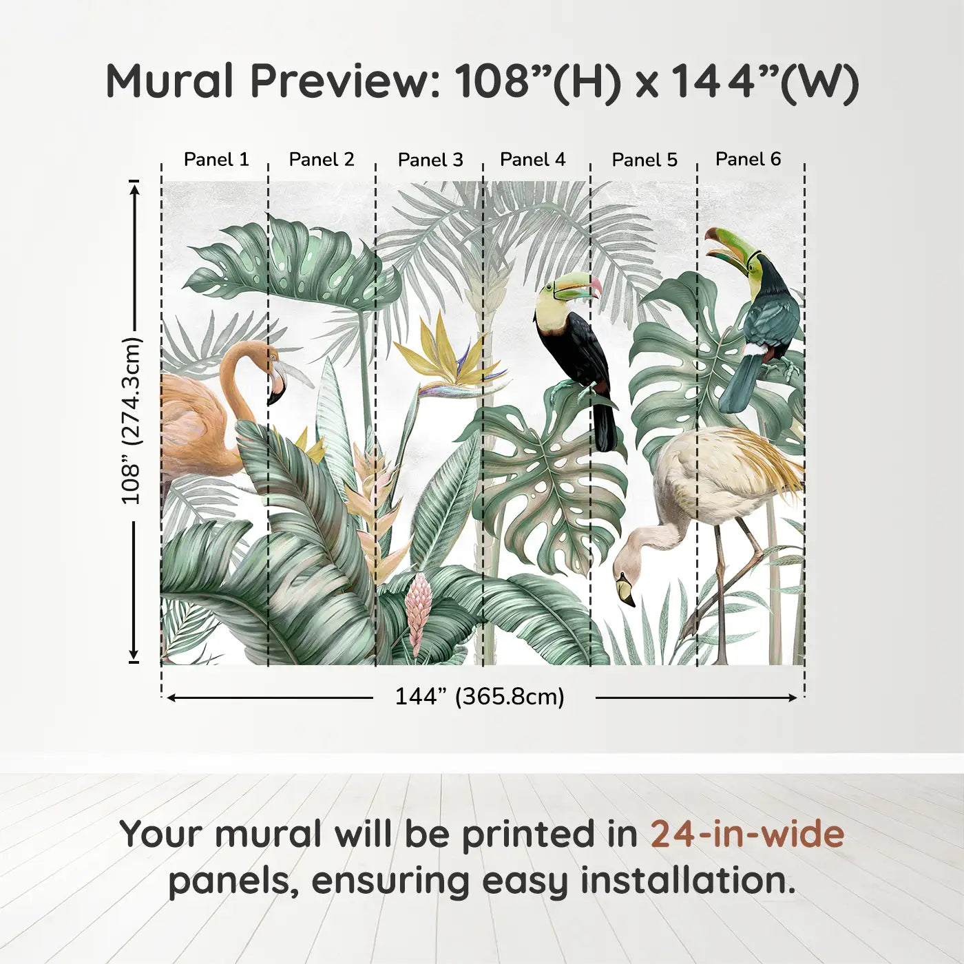 Whimsy Tots Exotic Rainforest Birds Wall Muraldimension view (108" H x 144" W). Printed in six 24-inch-wide panels. Tropical birds and giant leaves create a magical wildlife retreat.
