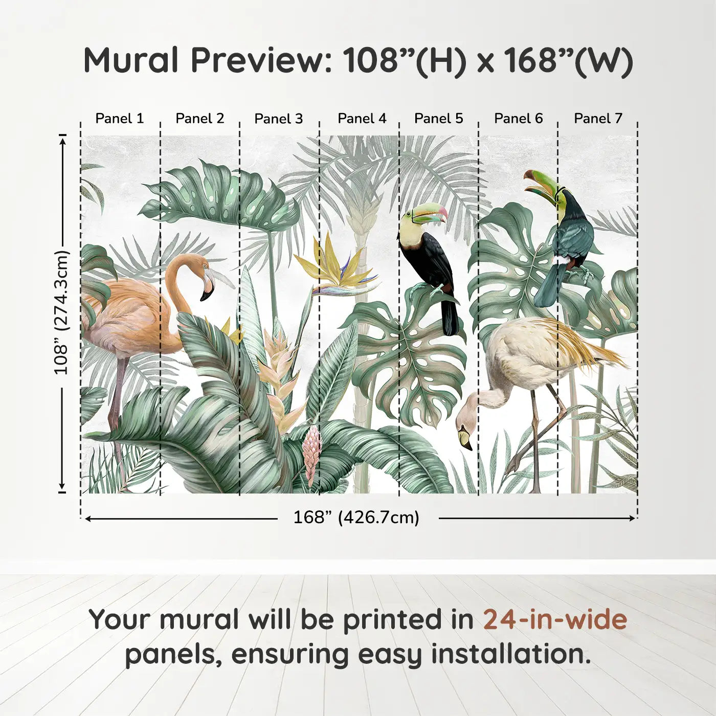 Whimsy Tots Exotic Rainforest Birds Wall Muraldimension view (108" H x 168" W). Printed in seven 24-inch-wide panels. Tropical birds and giant leaves create a magical wildlife retreat.