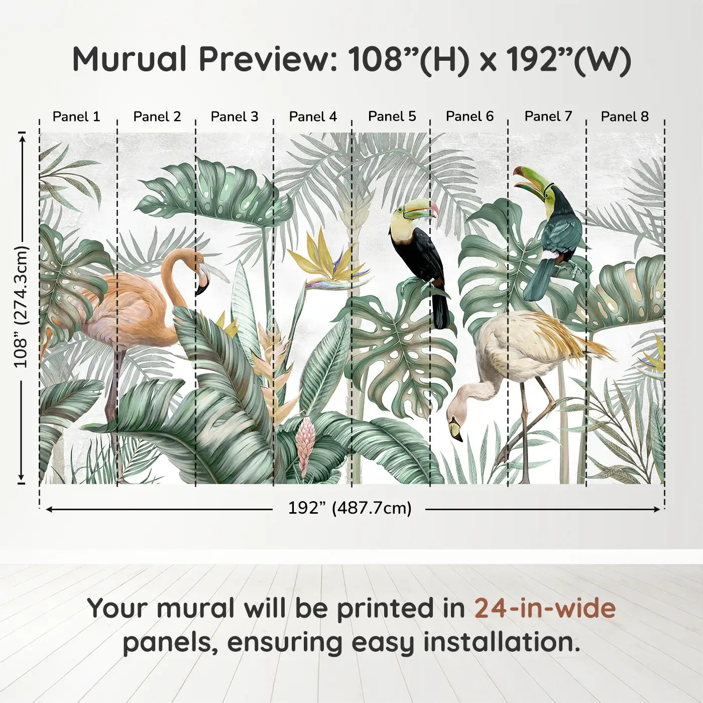 Whimsy Tots Exotic Rainforest Birds Wall Muraldimension view (108" H x 192" W). Printed in eight 24-inch-wide panels. Tropical birds and giant leaves create a magical wildlife retreat.