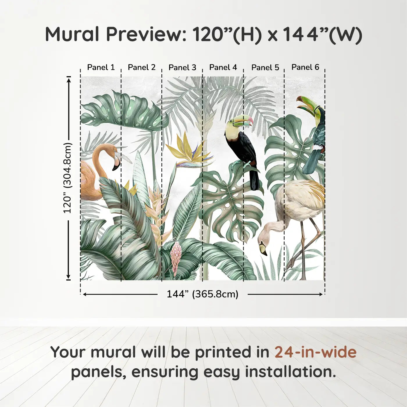 Whimsy Tots Exotic Rainforest Birds Wall Muraldimension view (120" H x 144" W). Printed in six 24-inch-wide panels. Tropical birds and giant leaves create a magical wildlife retreat.