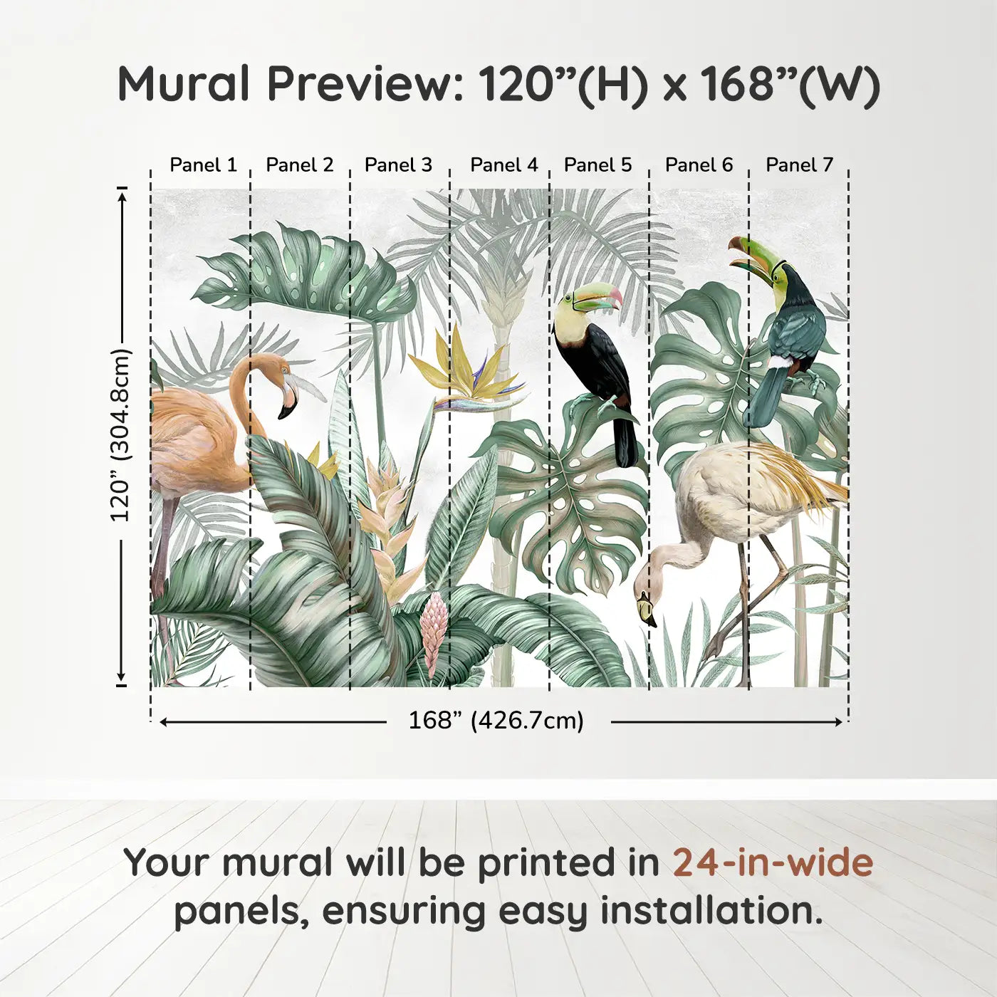 Whimsy Tots Exotic Rainforest Birds Wall Muraldimension view (120" H x 168" W). Printed in seven 24-inch-wide panels. Tropical birds and giant leaves create a magical wildlife retreat.
