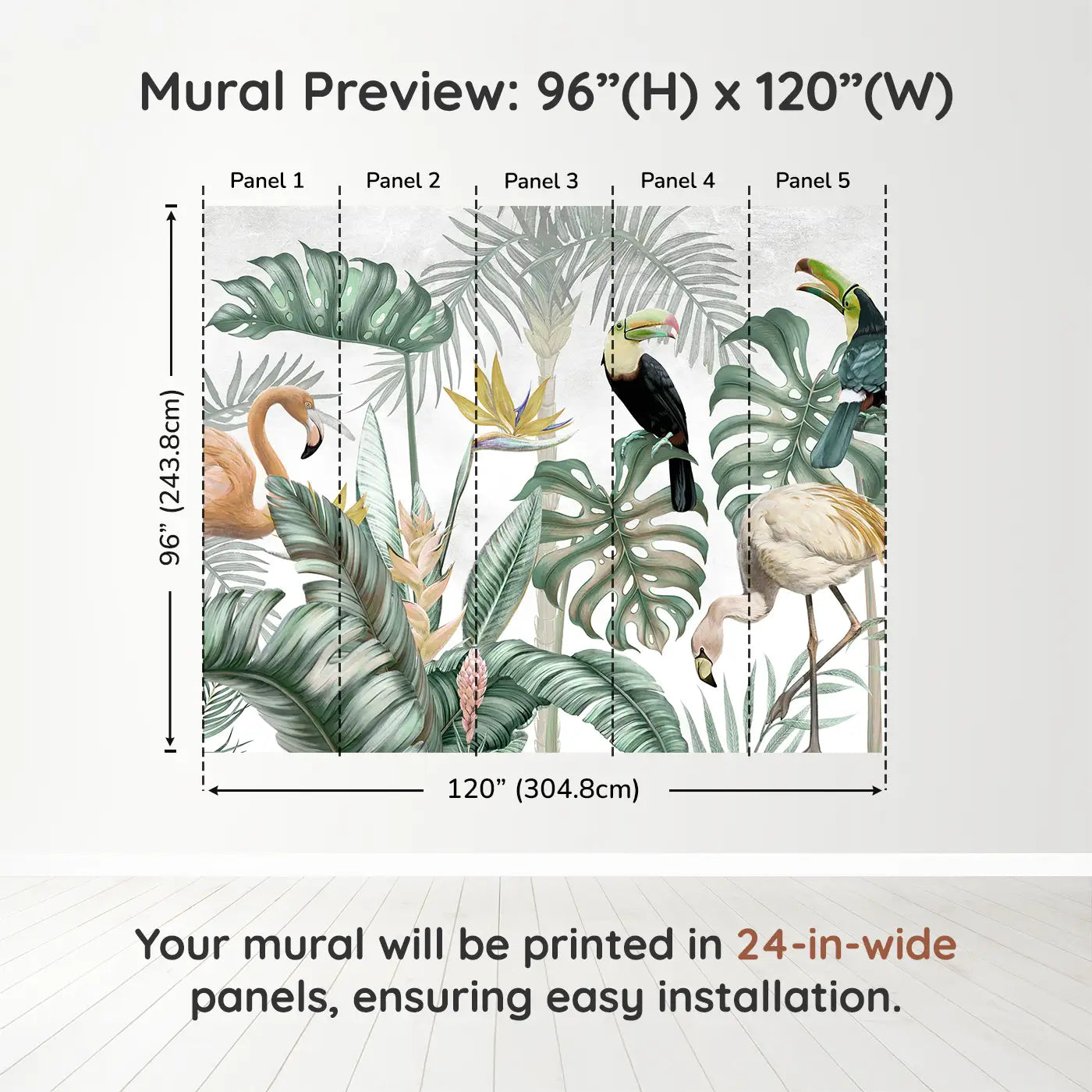 Whimsy Tots Exotic Rainforest Birds Wall Muraldimension view (96" H x 120" W). Printed in five 24-inch-wide panels. Tropical birds and giant leaves create a magical wildlife retreat.