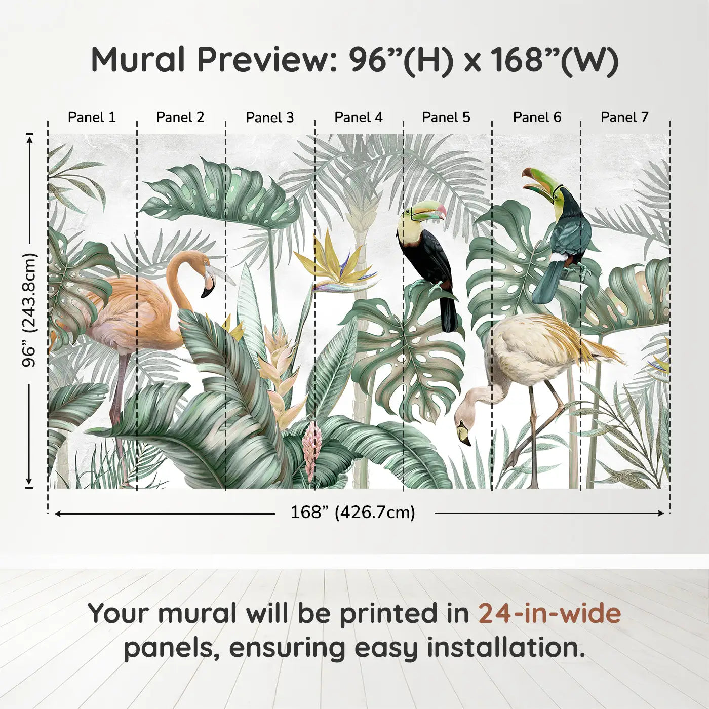 Whimsy Tots Exotic Rainforest Birds Wall Muraldimension view (96" H x 168" W). Printed in seven 24-inch-wide panels. Tropical birds and giant leaves create a magical wildlife retreat.