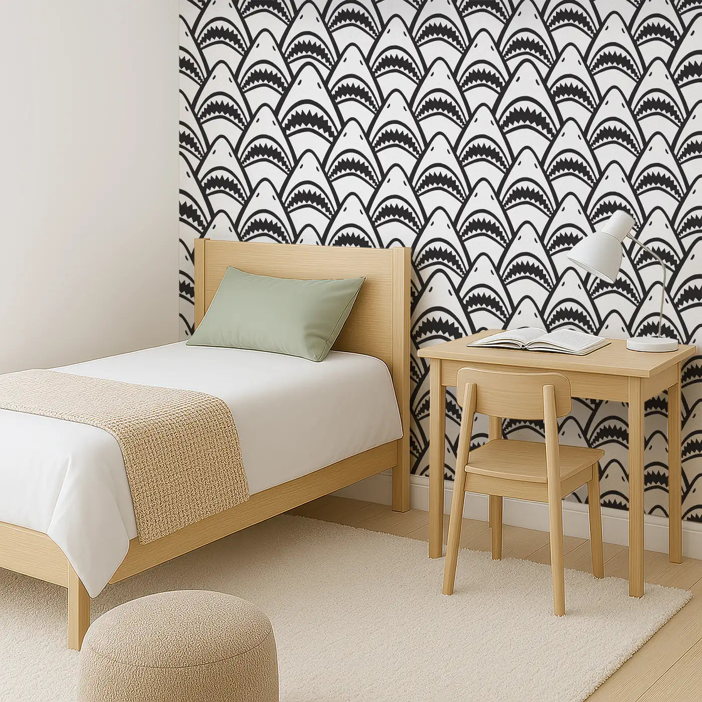 Angled view of Whimsy Tots' Fierce Shark Frenzy Wall Mural (M0400).Rows of toothy grins make waves in this playful ocean pattern.