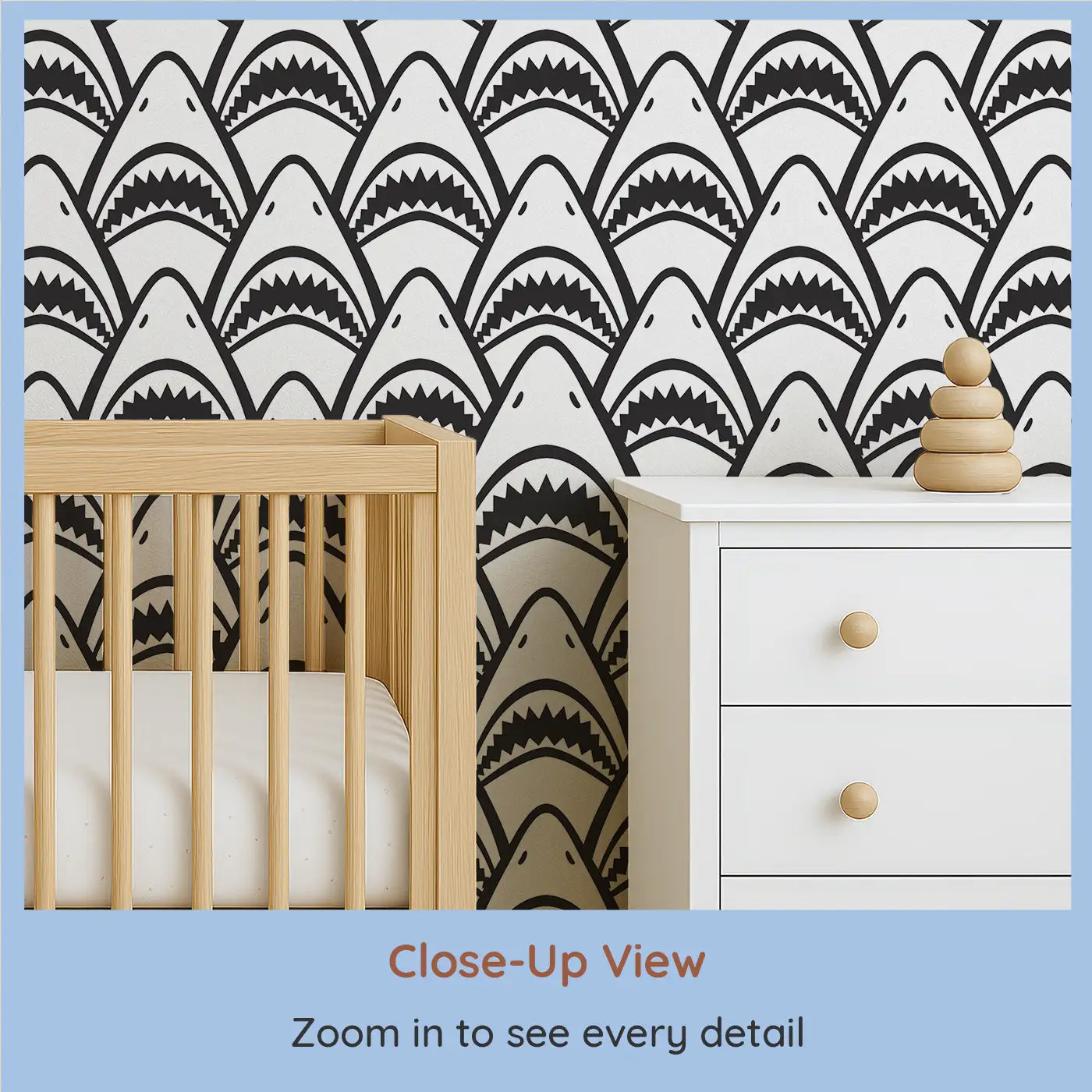 Close-up view of Whimsy Tots' Fierce Shark Frenzy Wall Mural (M0400).Rows of toothy grins make waves in this playful ocean pattern.