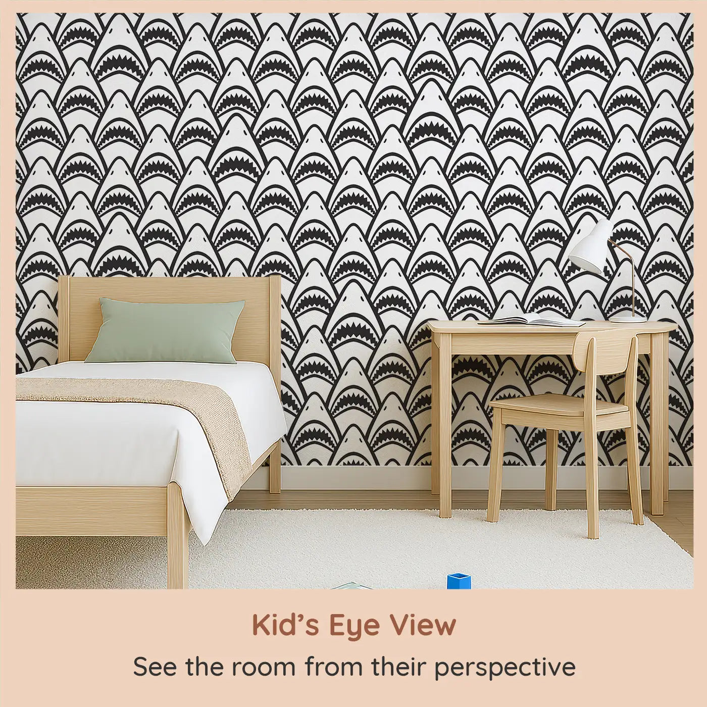 Whimsy Tots Fierce Shark Frenzy Wall Mural (M0400) from your child's view.Rows of toothy grins make waves in this playful ocean pattern.
