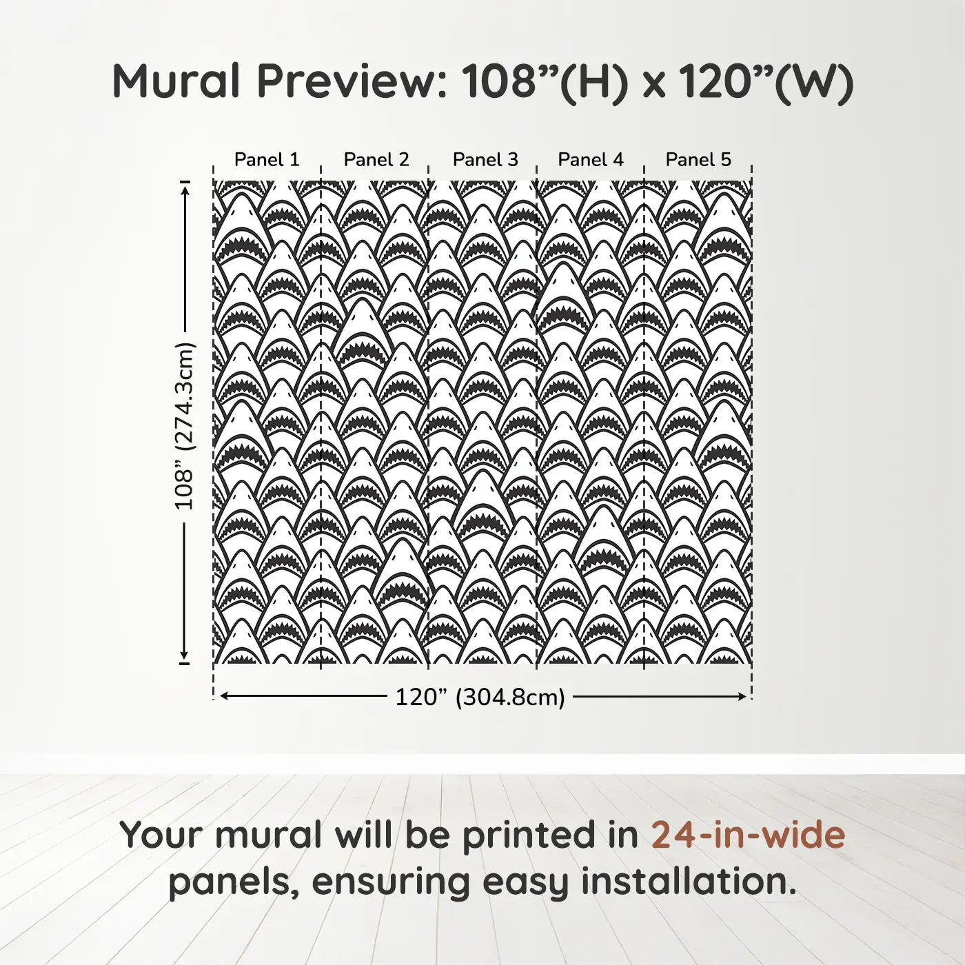 Whimsy Tots Fierce Shark Frenzy Wall Muraldimension view (108" H x 120" W). Printed in five 24-inch-wide panels. Rows of toothy grins make waves in this playful ocean pattern.