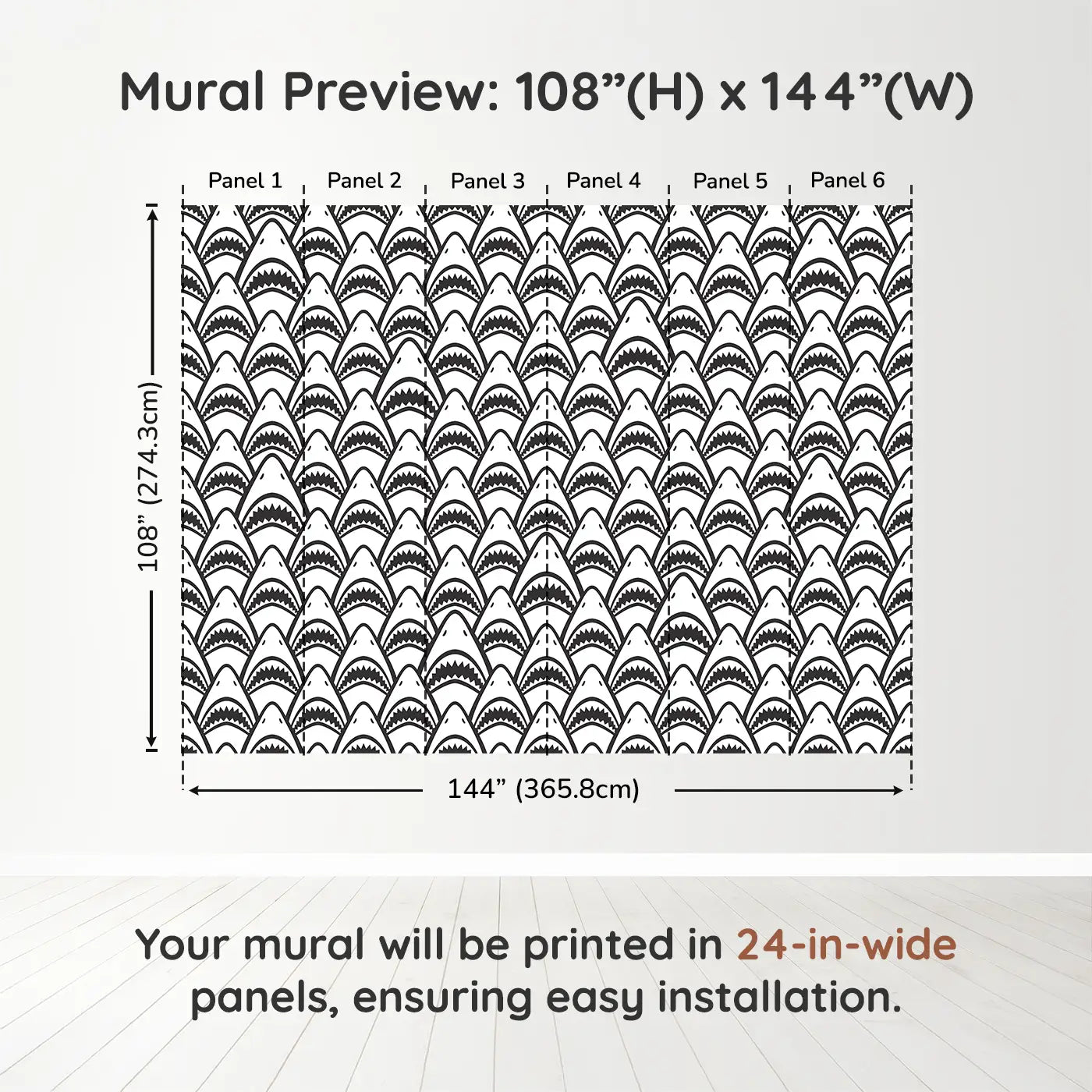 Whimsy Tots Fierce Shark Frenzy Wall Muraldimension view (108" H x 144" W). Printed in six 24-inch-wide panels. Rows of toothy grins make waves in this playful ocean pattern.