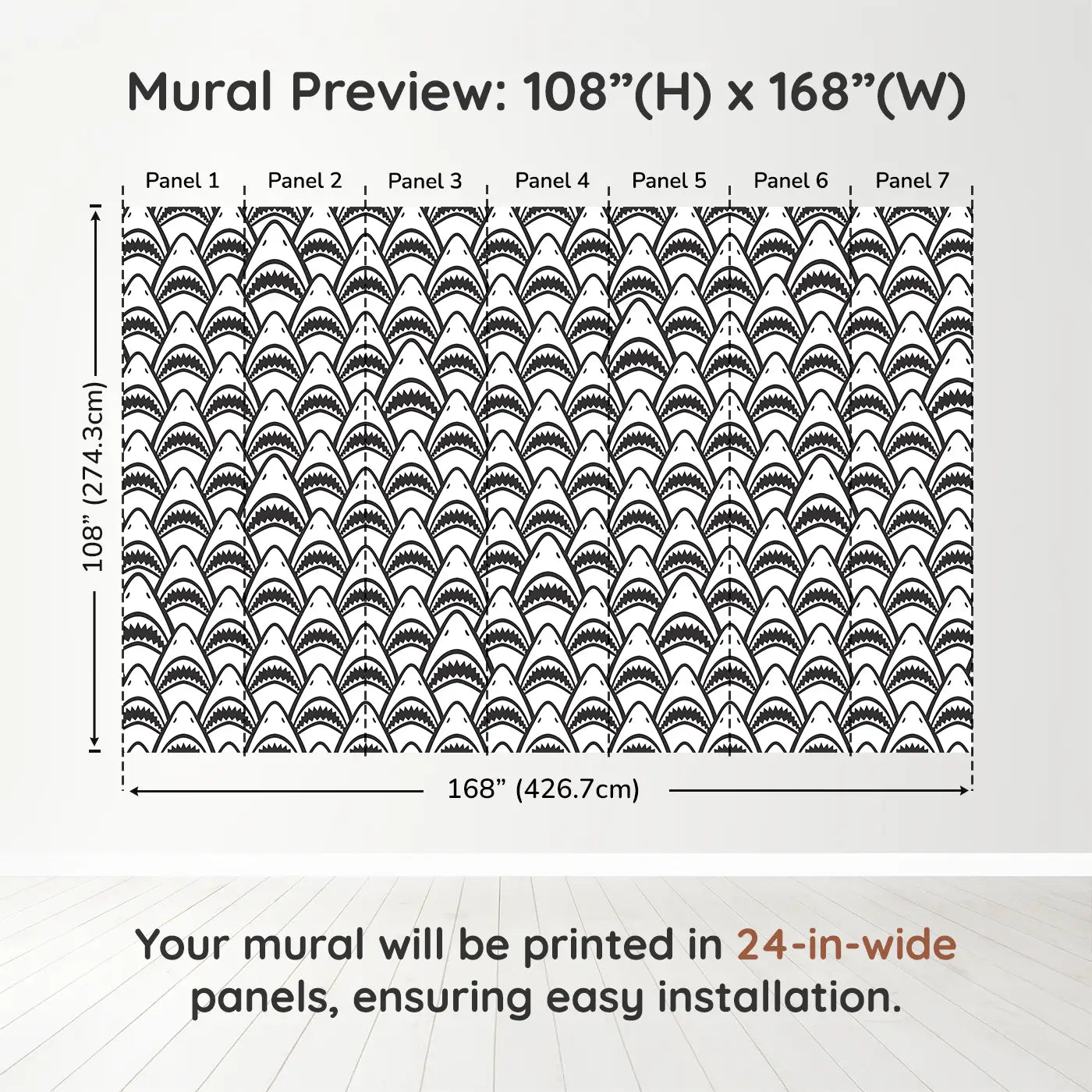 Whimsy Tots Fierce Shark Frenzy Wall Muraldimension view (108" H x 168" W). Printed in seven 24-inch-wide panels. Rows of toothy grins make waves in this playful ocean pattern.