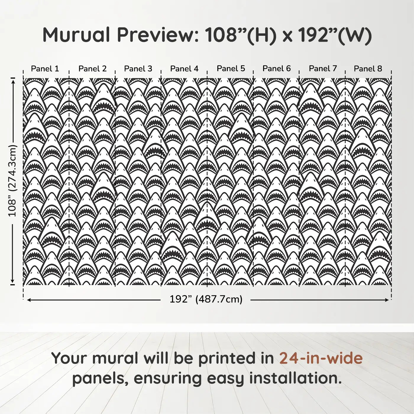Whimsy Tots Fierce Shark Frenzy Wall Muraldimension view (108" H x 192" W). Printed in eight 24-inch-wide panels. Rows of toothy grins make waves in this playful ocean pattern.