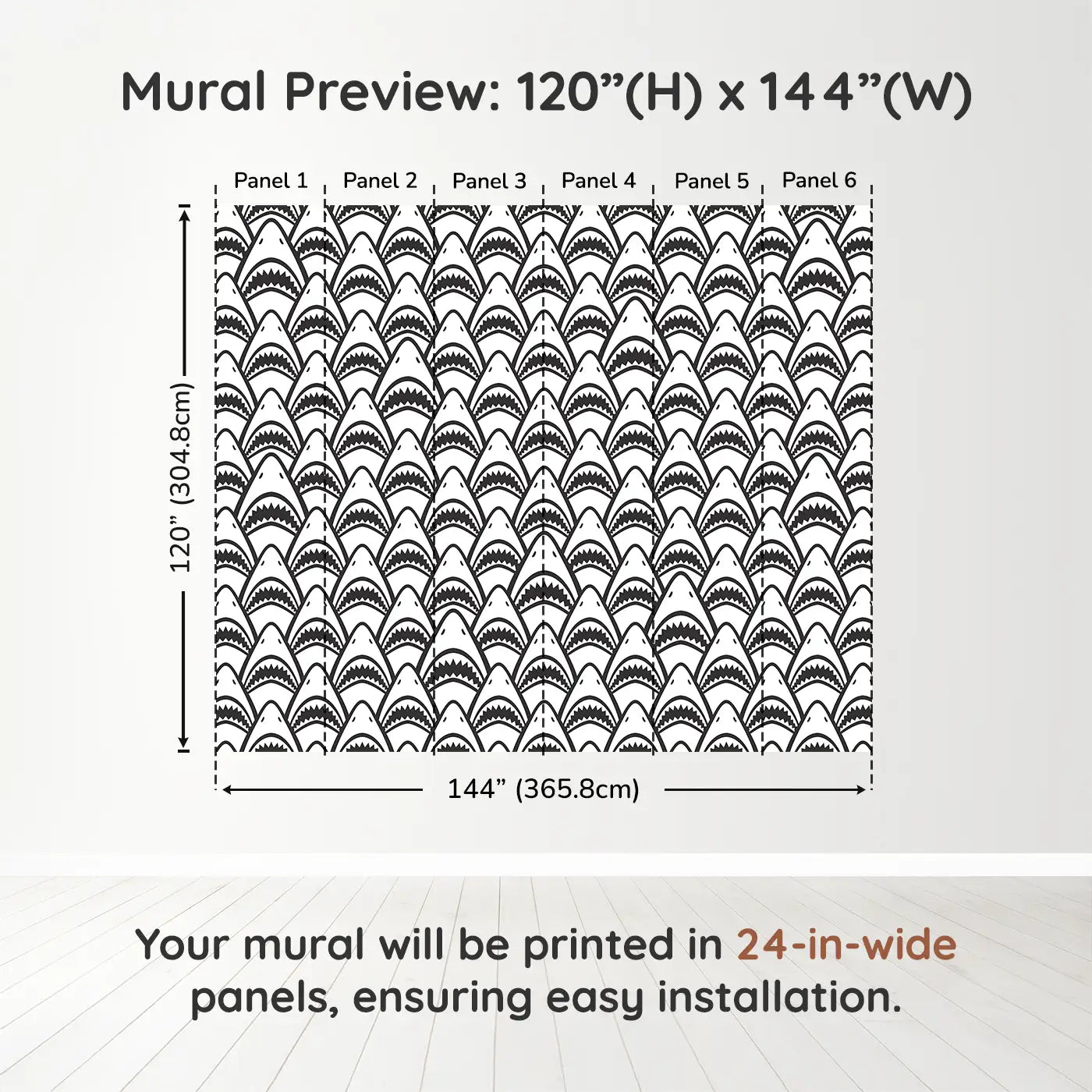 Whimsy Tots Fierce Shark Frenzy Wall Muraldimension view (120" H x 144" W). Printed in six 24-inch-wide panels. Rows of toothy grins make waves in this playful ocean pattern.