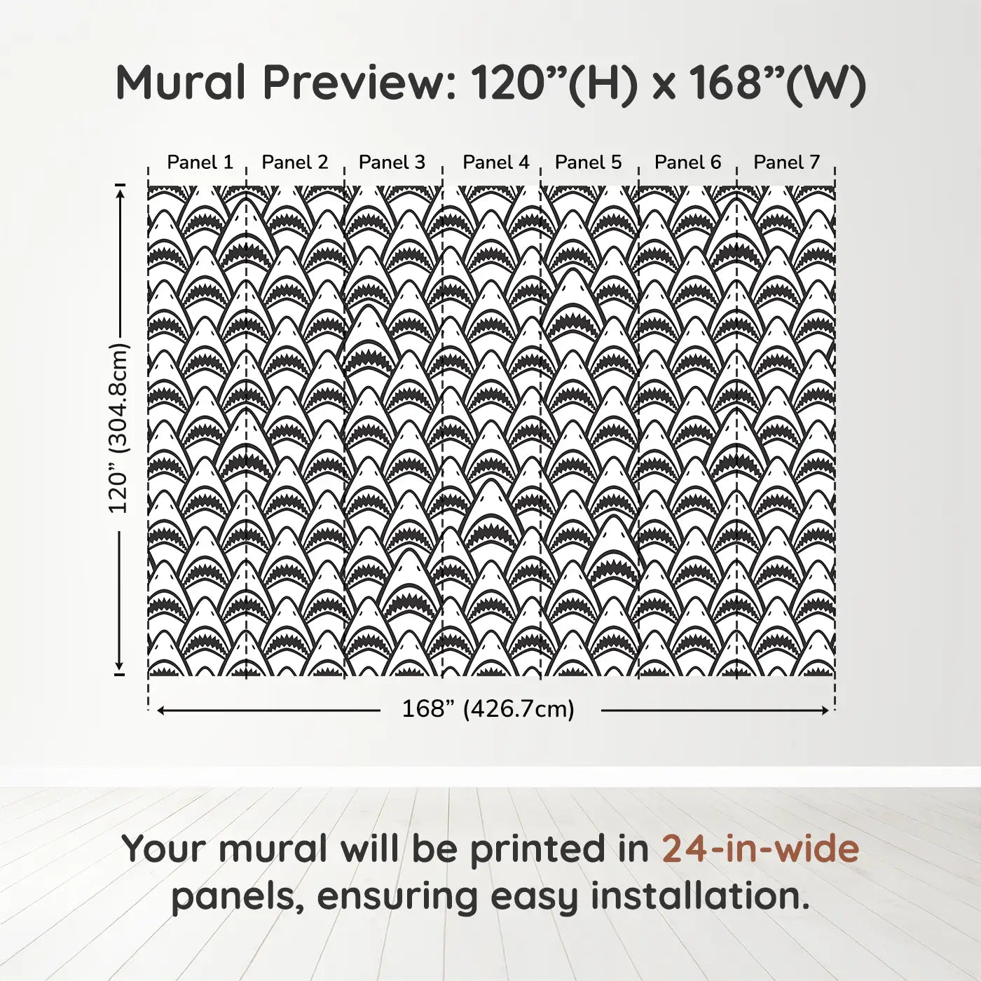 Whimsy Tots Fierce Shark Frenzy Wall Muraldimension view (120" H x 168" W). Printed in seven 24-inch-wide panels. Rows of toothy grins make waves in this playful ocean pattern.