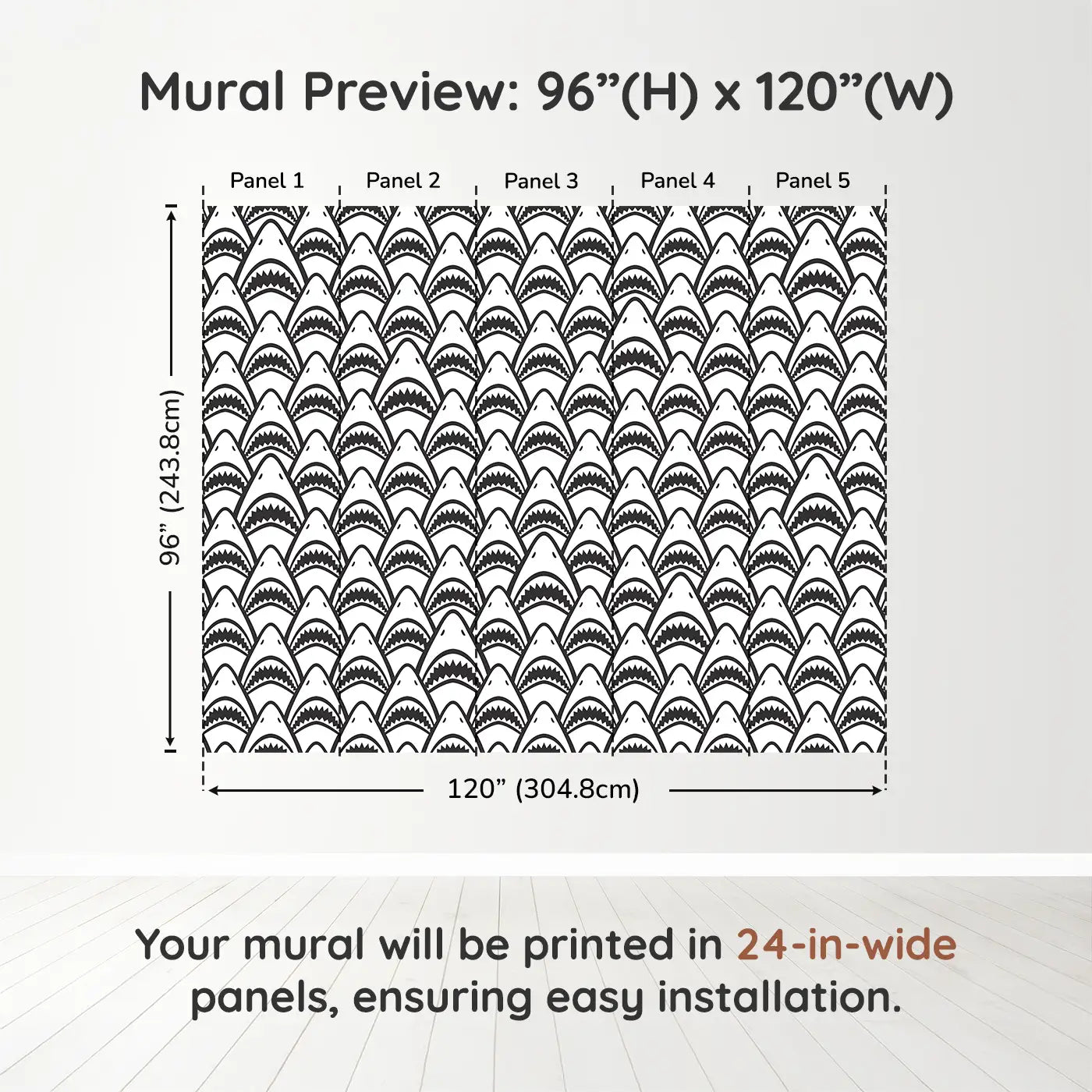 Whimsy Tots Fierce Shark Frenzy Wall Muraldimension view (96" H x 120" W). Printed in five 24-inch-wide panels. Rows of toothy grins make waves in this playful ocean pattern.