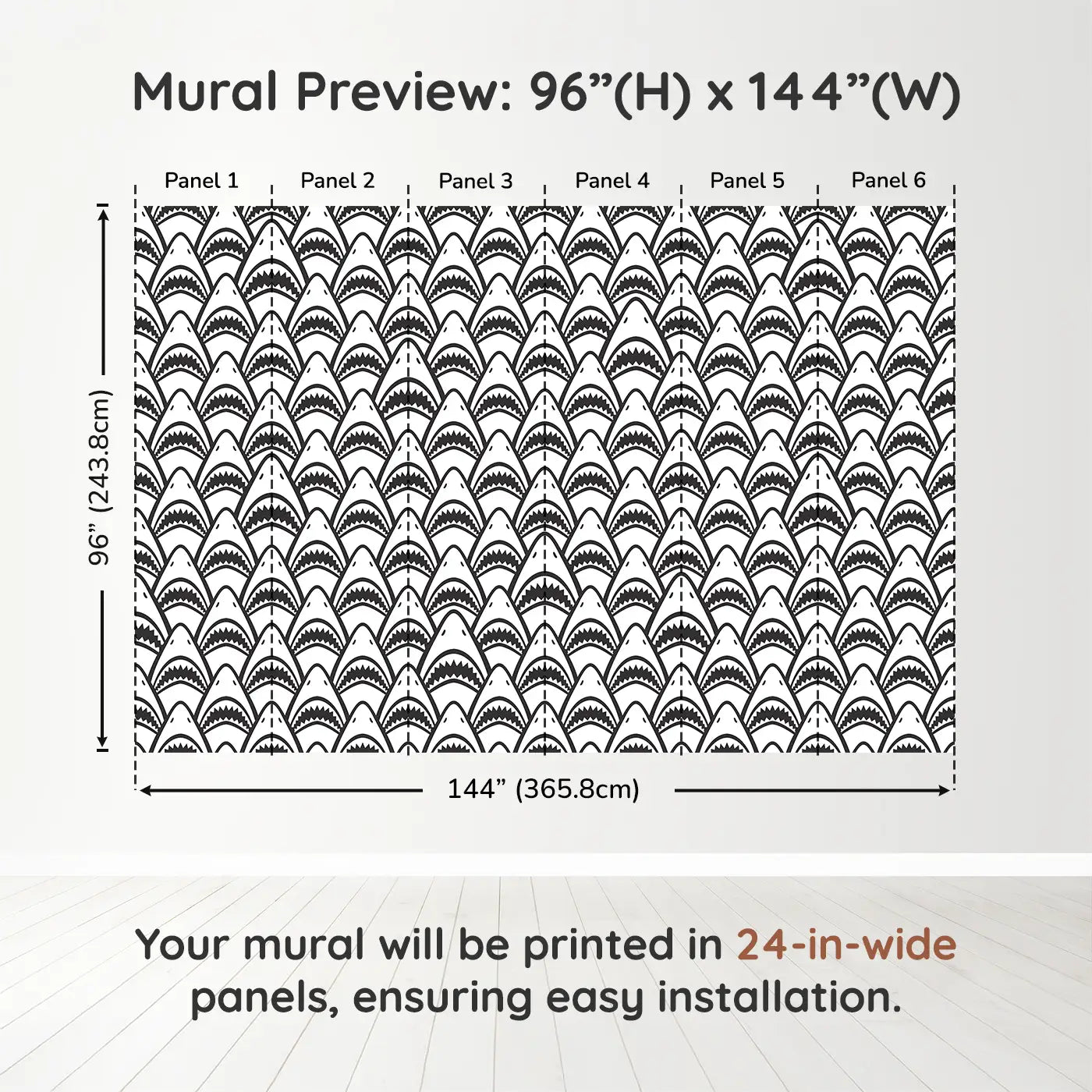 Whimsy Tots Fierce Shark Frenzy Wall Muraldimension view (96" H x 144" W). Printed in six 24-inch-wide panels. Rows of toothy grins make waves in this playful ocean pattern.